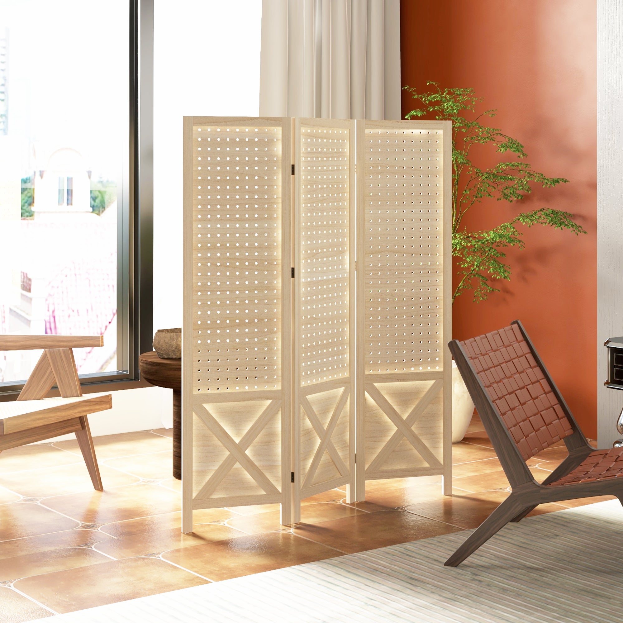 Paravent intérieur en bois, 3 panneaux, 114 x 144,5 cm, panneau perforé, séparateur de pièce pliable, Panneau perforé pour salon, chambre à coucher, maison, bois naturel