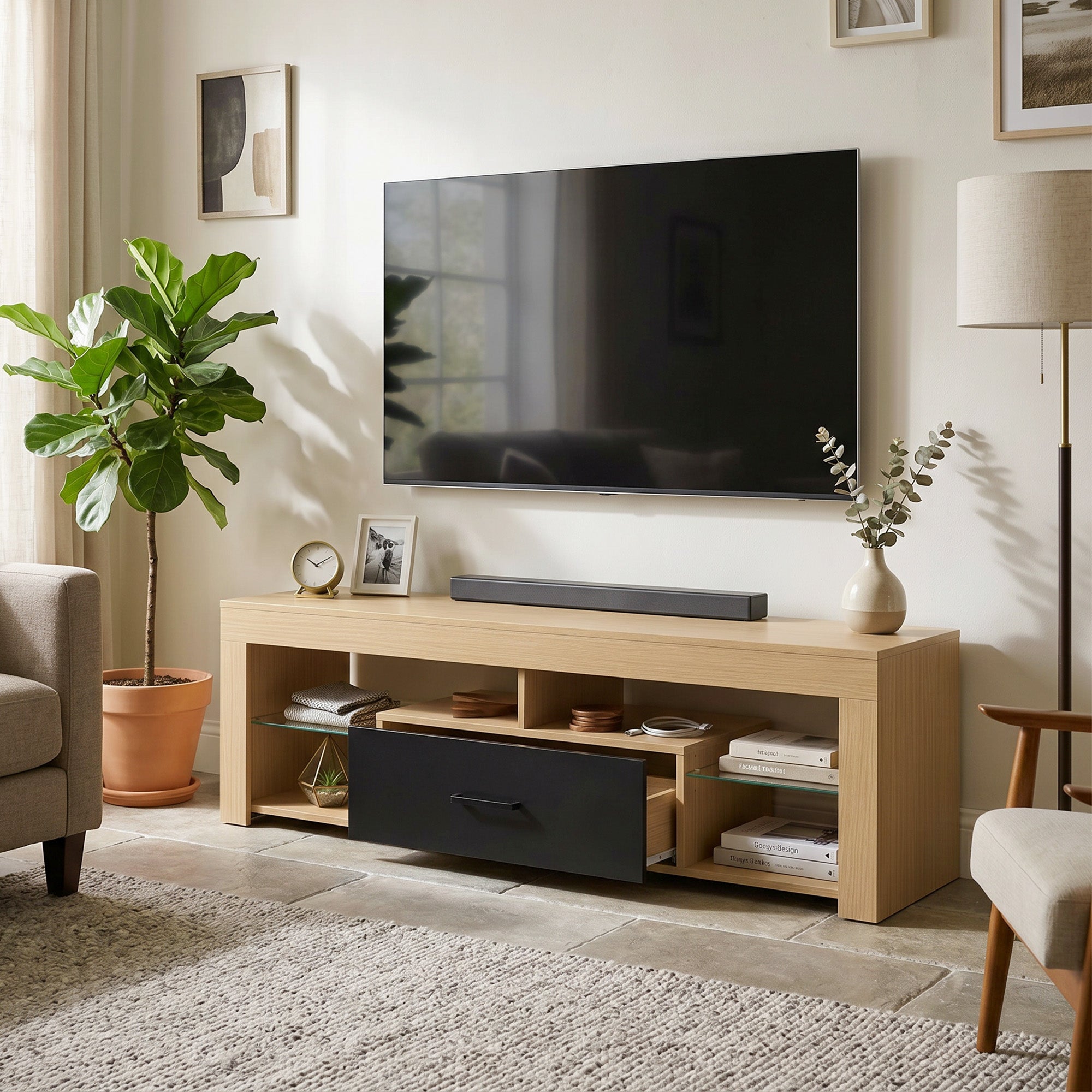 Meuble TV 140 cm, Meuble Télé pour Téléviseur jusqu'à 65 Pouces avec Étagères en Verre Réglables, Tiroir et Compartiments Ouverts, Banc TV Moderne pour Salon, Chambre à Coucher, Chêne