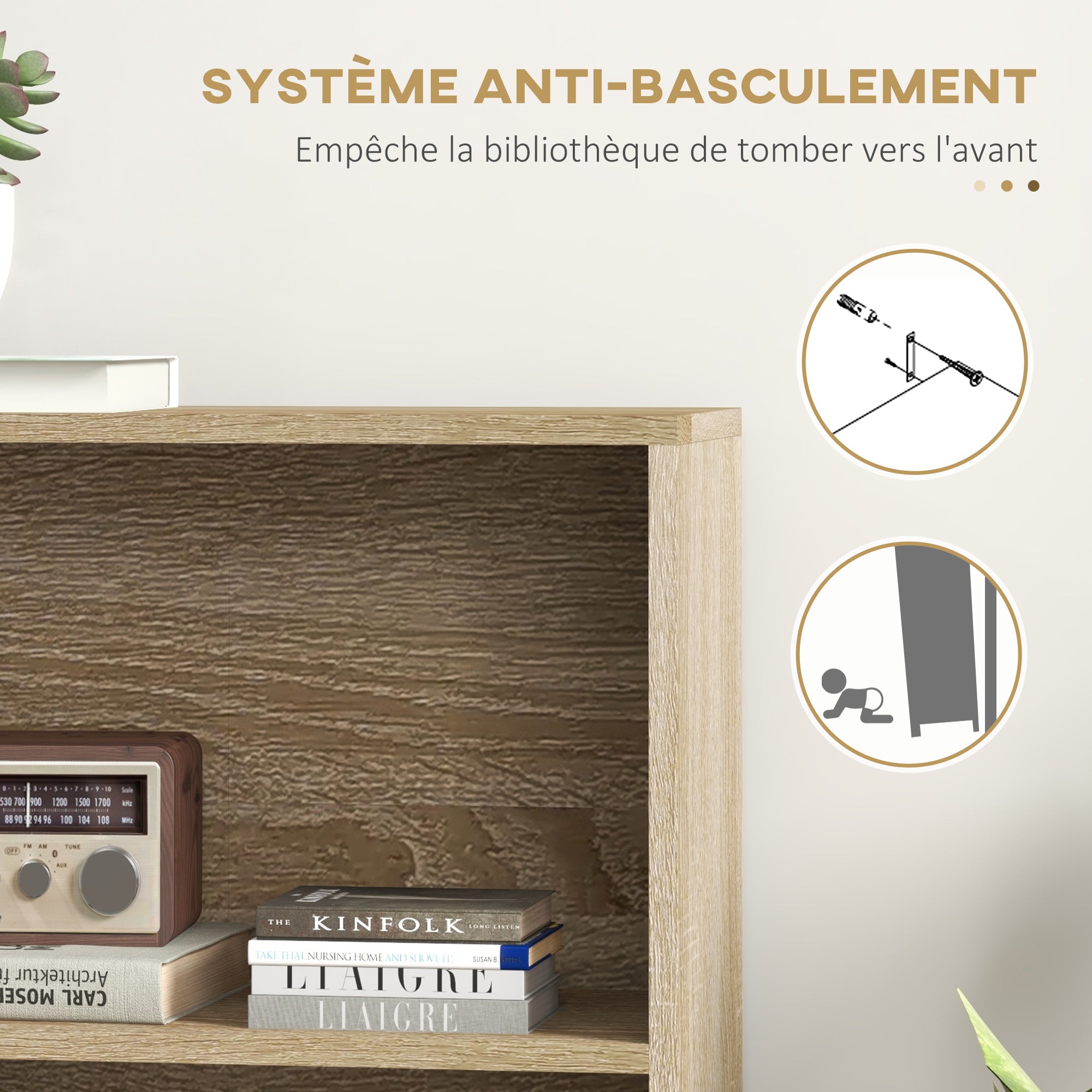 Bibliothèque scandinave meuble de rangement dim. 80L x 23,5l x 123H cm 5 niches placard 2 portes pieds effilés inclinés bois massif Chêne