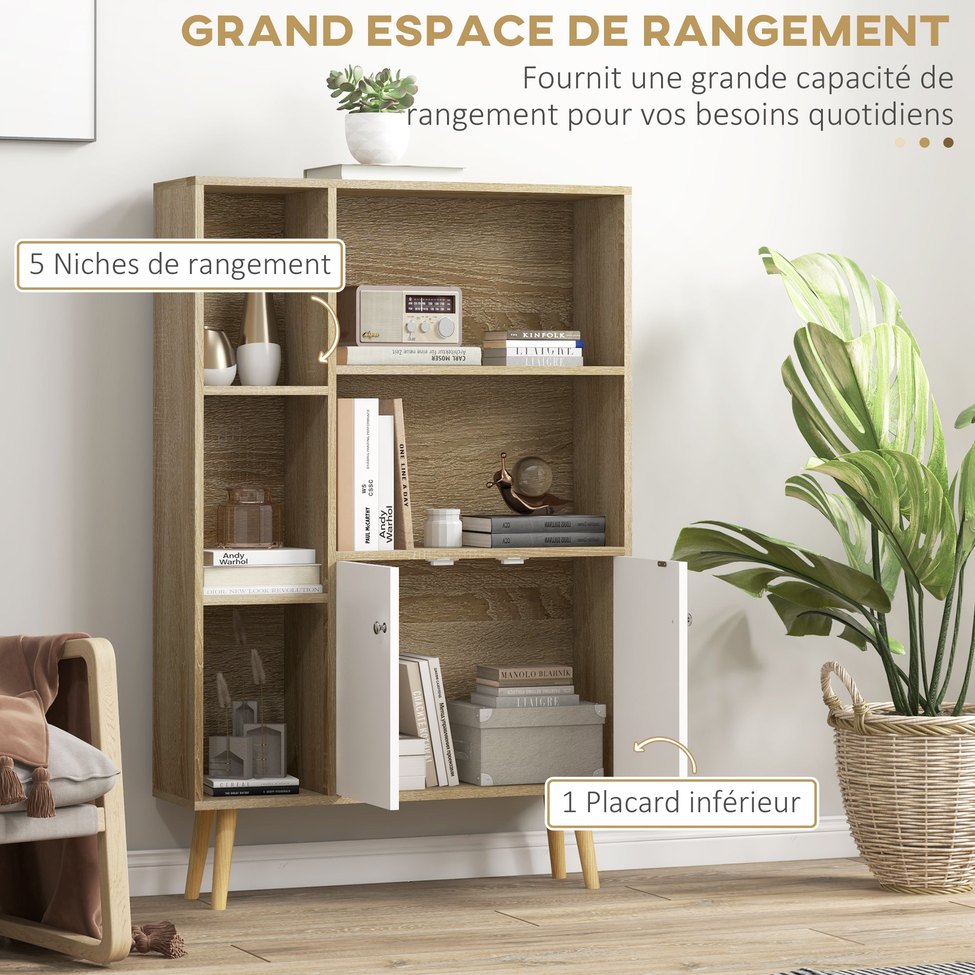 Bibliothèque scandinave meuble de rangement dim. 80L x 23,5l x 123H cm 5 niches placard 2 portes pieds effilés inclinés bois massif Chêne