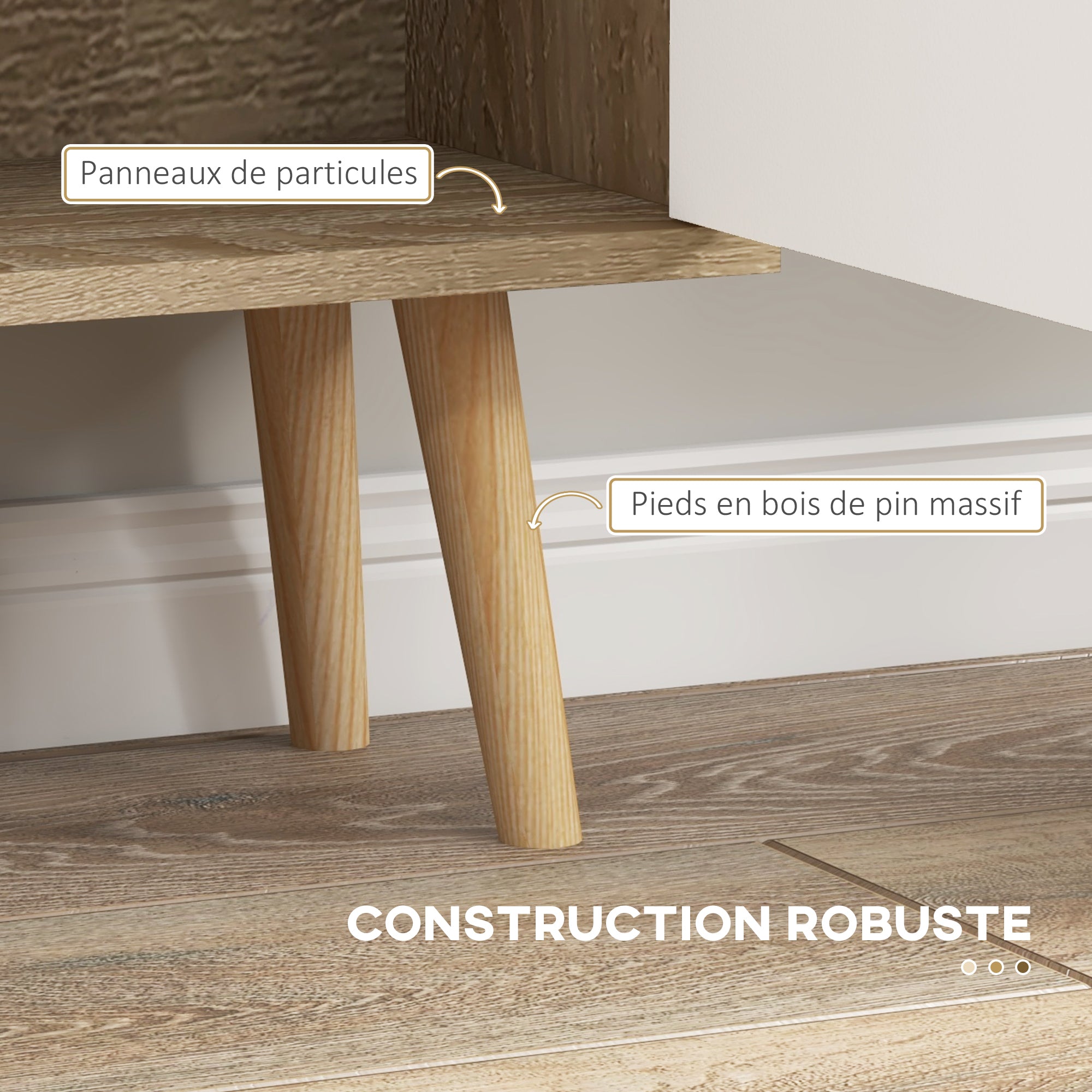 Bibliothèque scandinave meuble de rangement dim. 80L x 23,5l x 123H cm 5 niches placard 2 portes pieds effilés inclinés bois massif Chêne