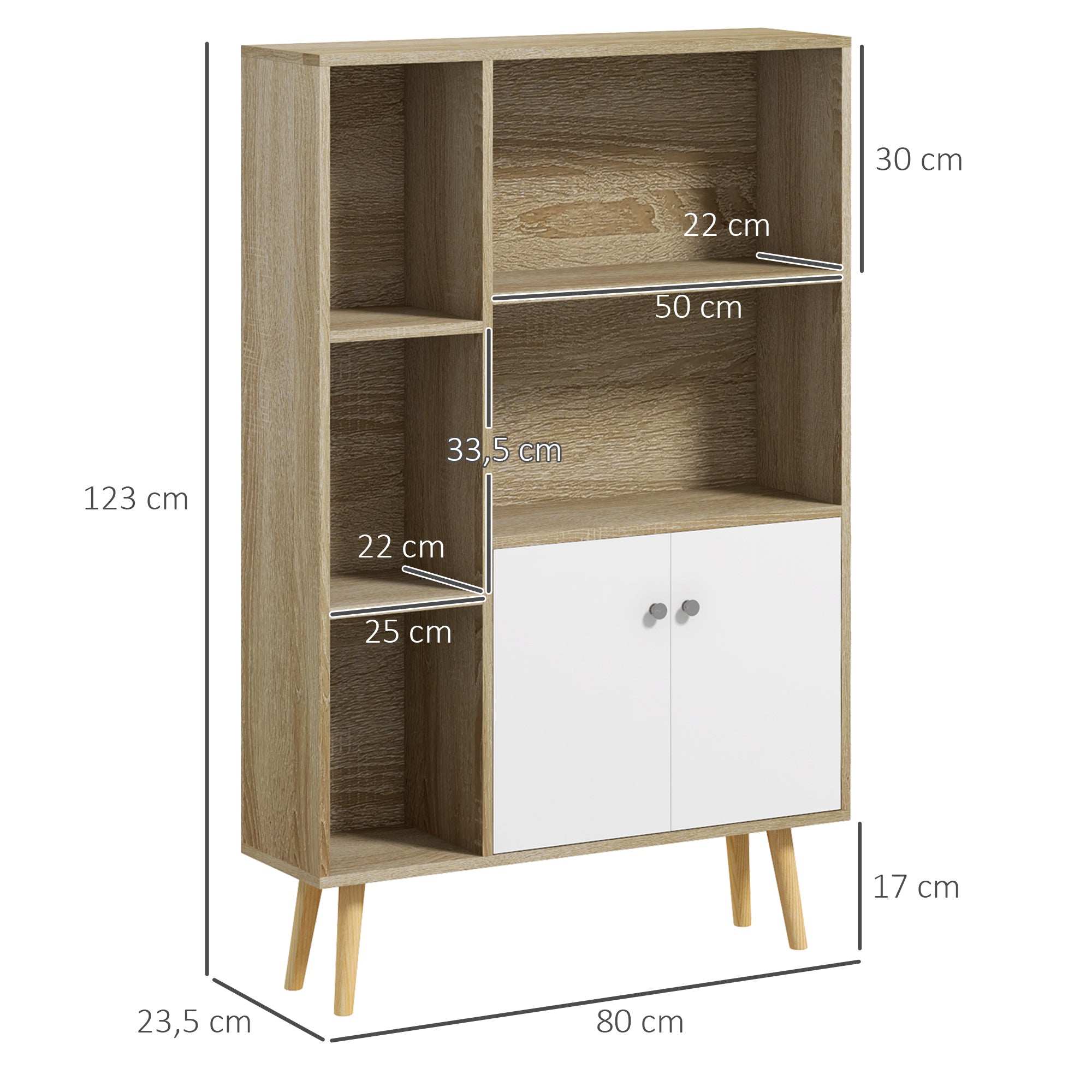 Bibliothèque scandinave meuble de rangement dim. 80L x 23,5l x 123H cm 5 niches placard 2 portes pieds effilés inclinés bois massif Chêne