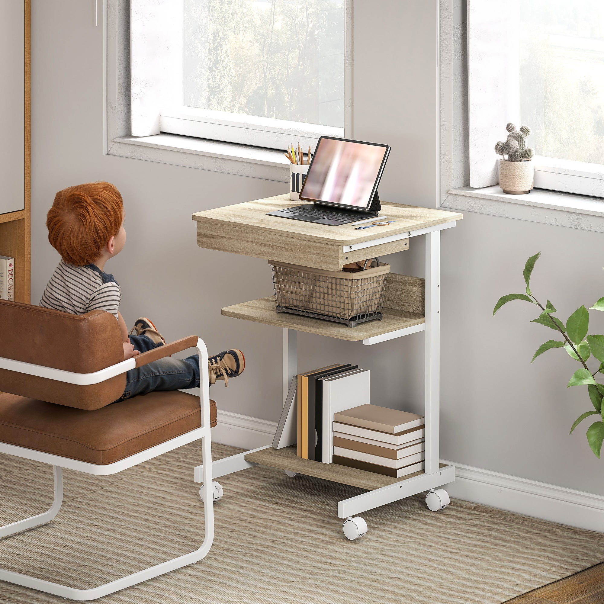 Bureau d'ordinateur sur roues, bureau avec rangement 56 x 51 cm avec tiroir, compartiment et support CPU, table informatique pour étudier pour petits espaces chambre, chêne