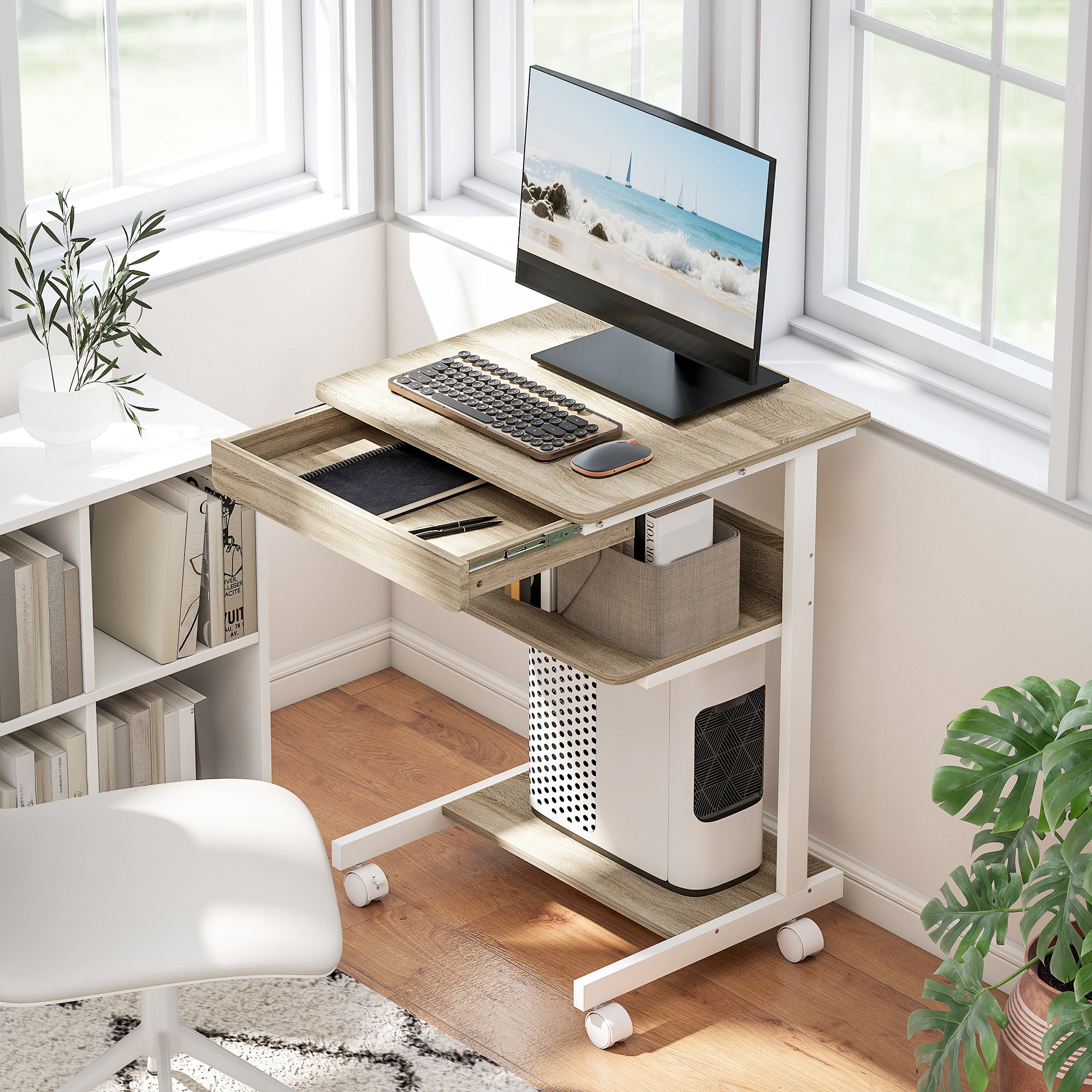 Bureau d'ordinateur sur roues, bureau avec rangement 56 x 51 cm avec tiroir, compartiment et support CPU, table informatique pour étudier pour petits espaces chambre, chêne