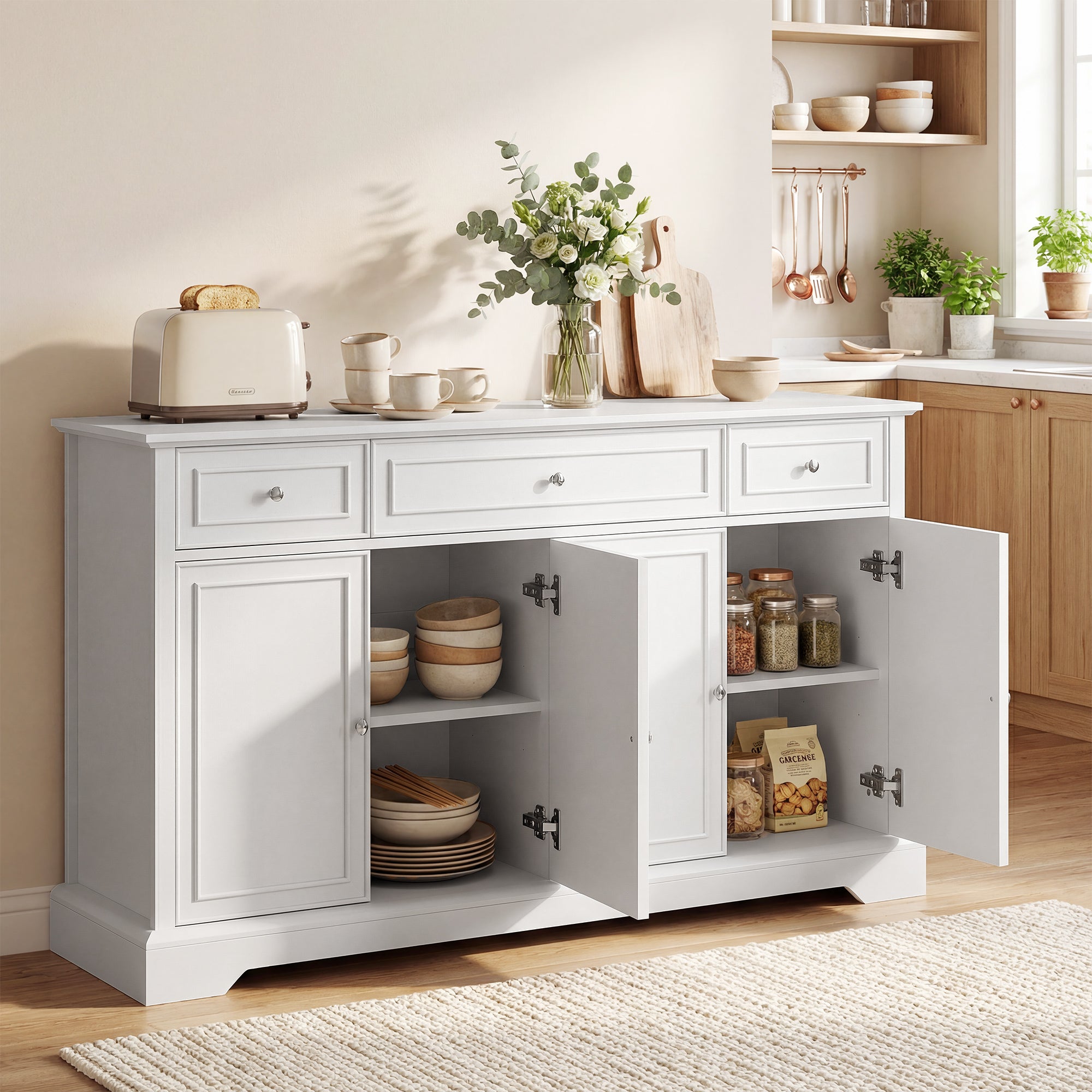 Buffet salon, meuble de rangement avec 3 tiroirs, 4 portes à fermeture douce et étagères réglables, style moderne, meuble TV jusqu'à 55", buffet salle à manger et cuisine, 136x38x80cm, blanc