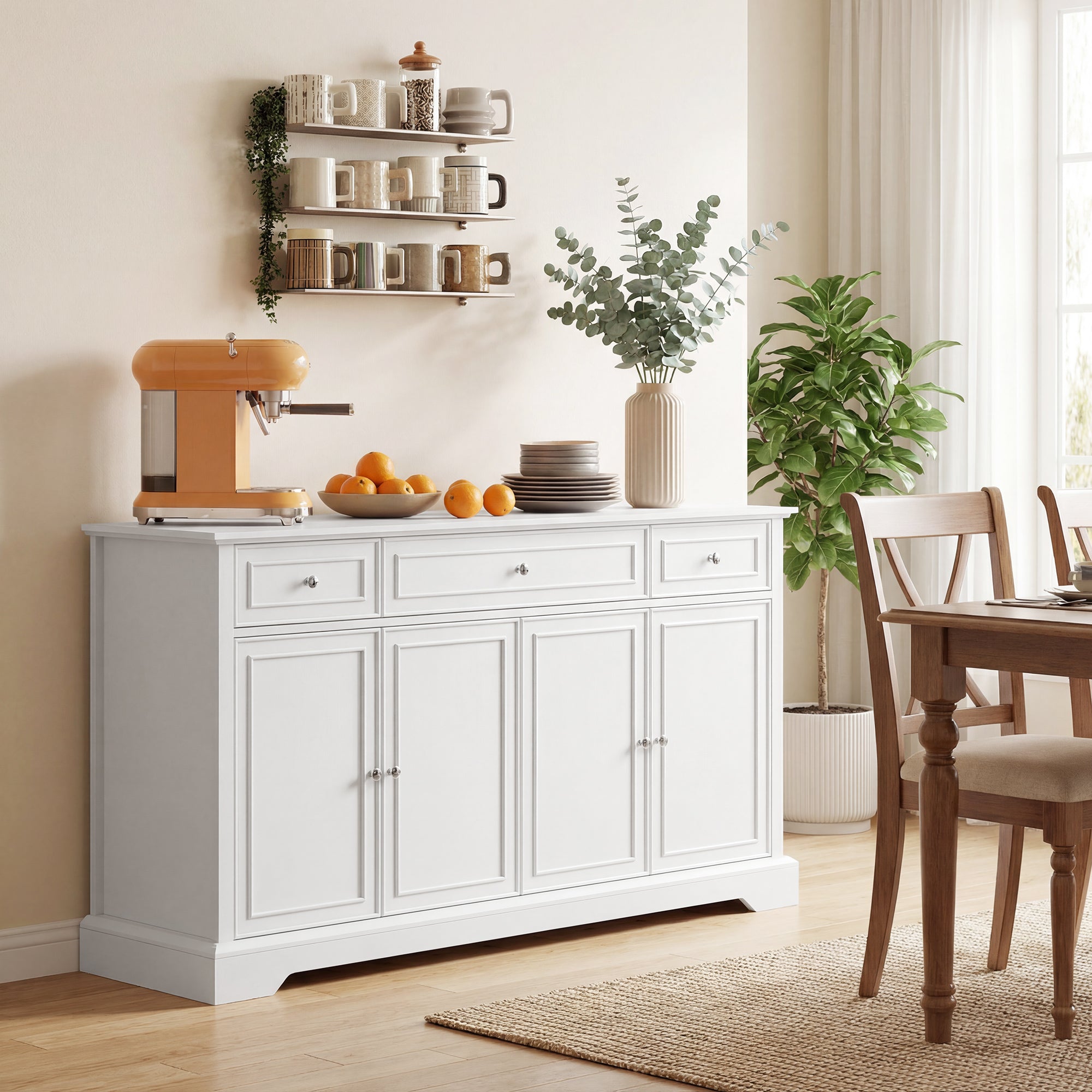 Buffet salon, meuble de rangement avec 3 tiroirs, 4 portes à fermeture douce et étagères réglables, style moderne, meuble TV jusqu'à 55", buffet salle à manger et cuisine, 136x38x80cm, blanc