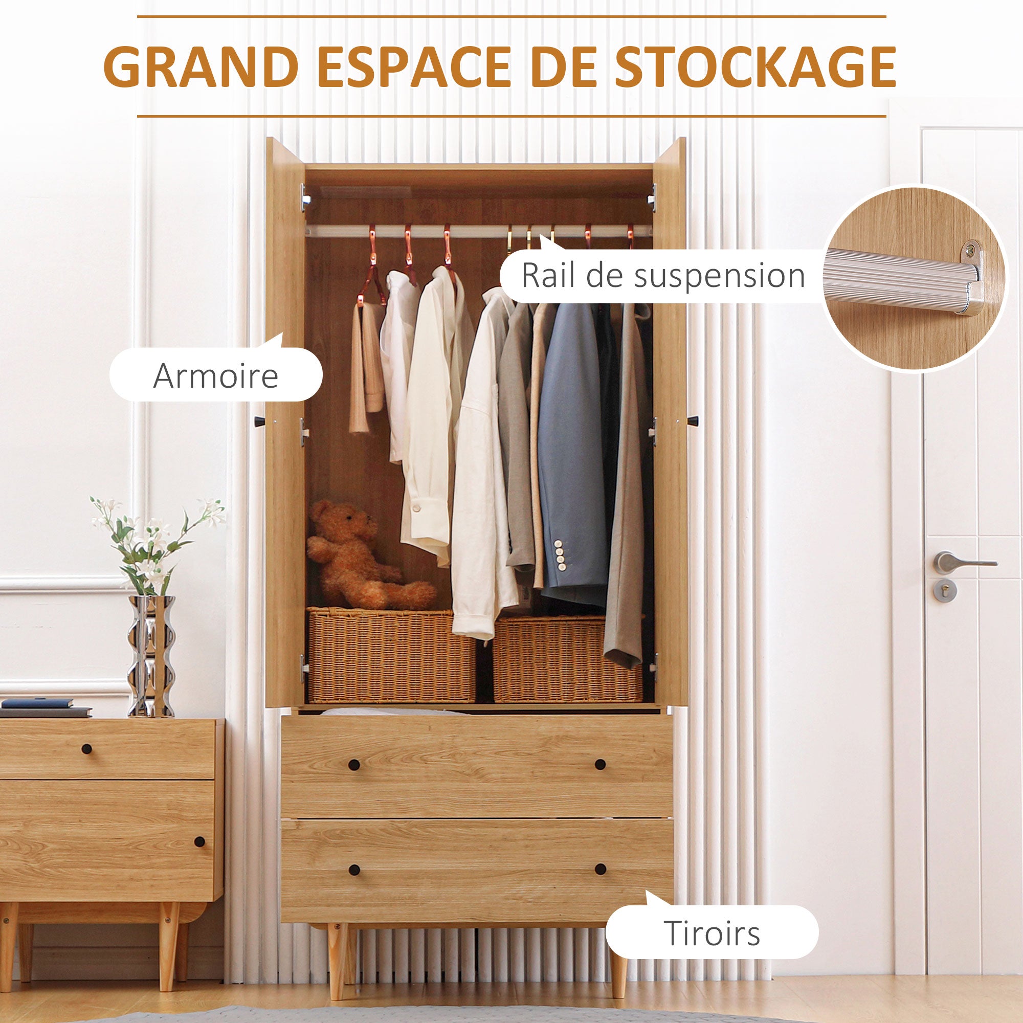 Armoire Chambre Adulte Penderie Vêtement Dressing avec 2 Portes, 2 tiroirs - 80 x 52 x 180 cm - Aspect Bois