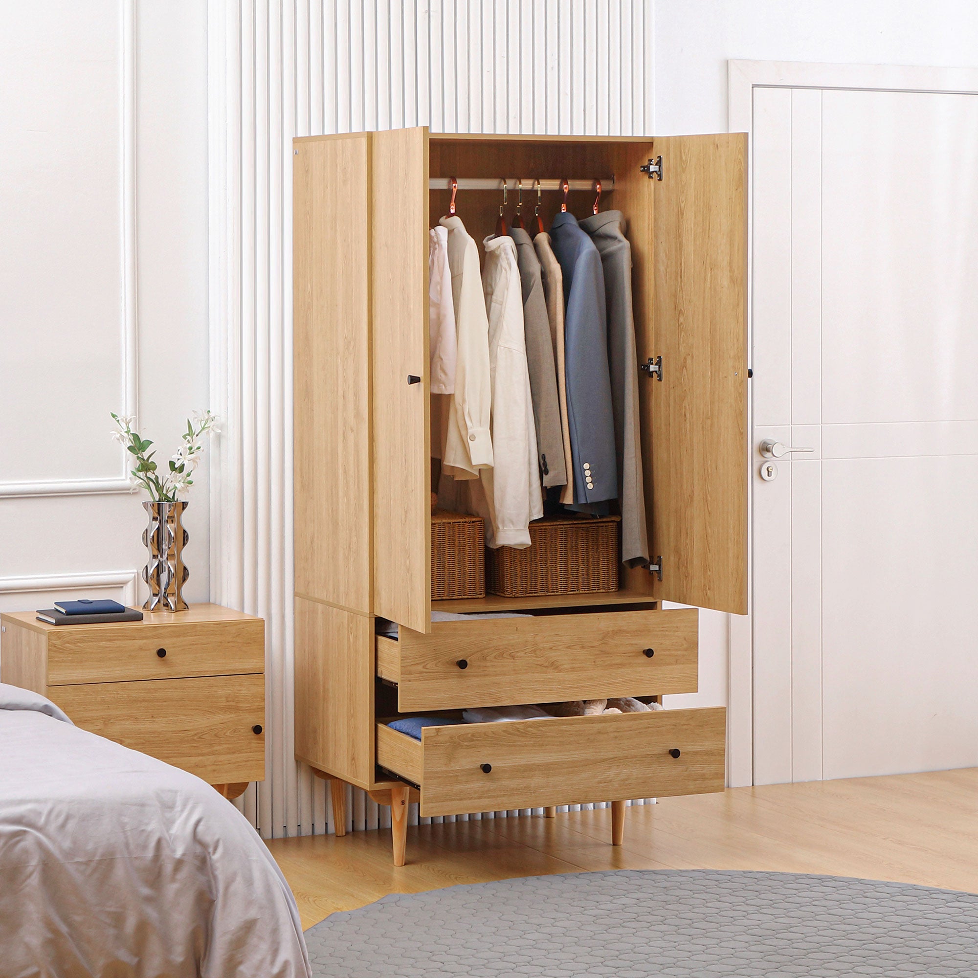Armoire Chambre Adulte Penderie Vêtement Dressing avec 2 Portes, 2 tiroirs - 80 x 52 x 180 cm - Aspect Bois
