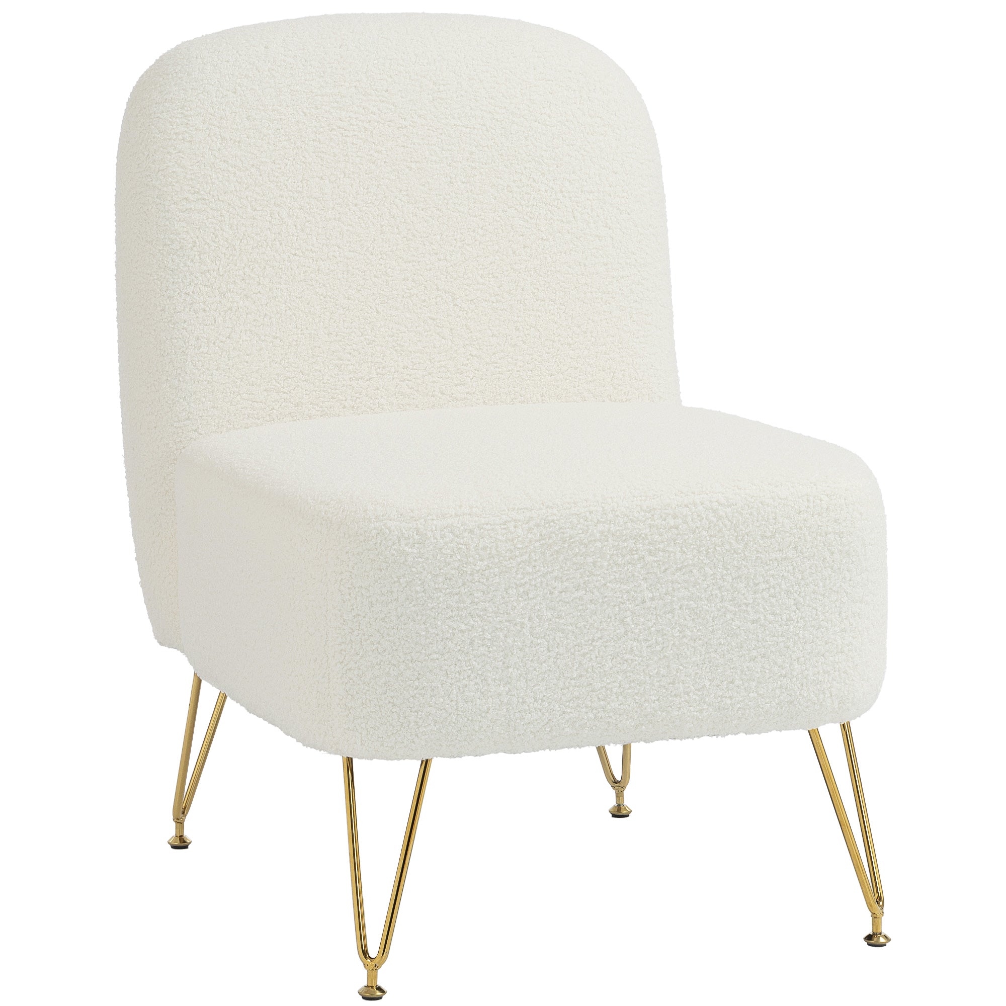 Fauteuil Salon Sans Accoudoirs, Fauteuil d'Appoint Rembourré en Tissu Bouclette, Coussin Épais, Assise Large, Pieds en Métal Doré, Style Moderne, Chaise de Salon, Chambre, Coins Lecture, Blanc