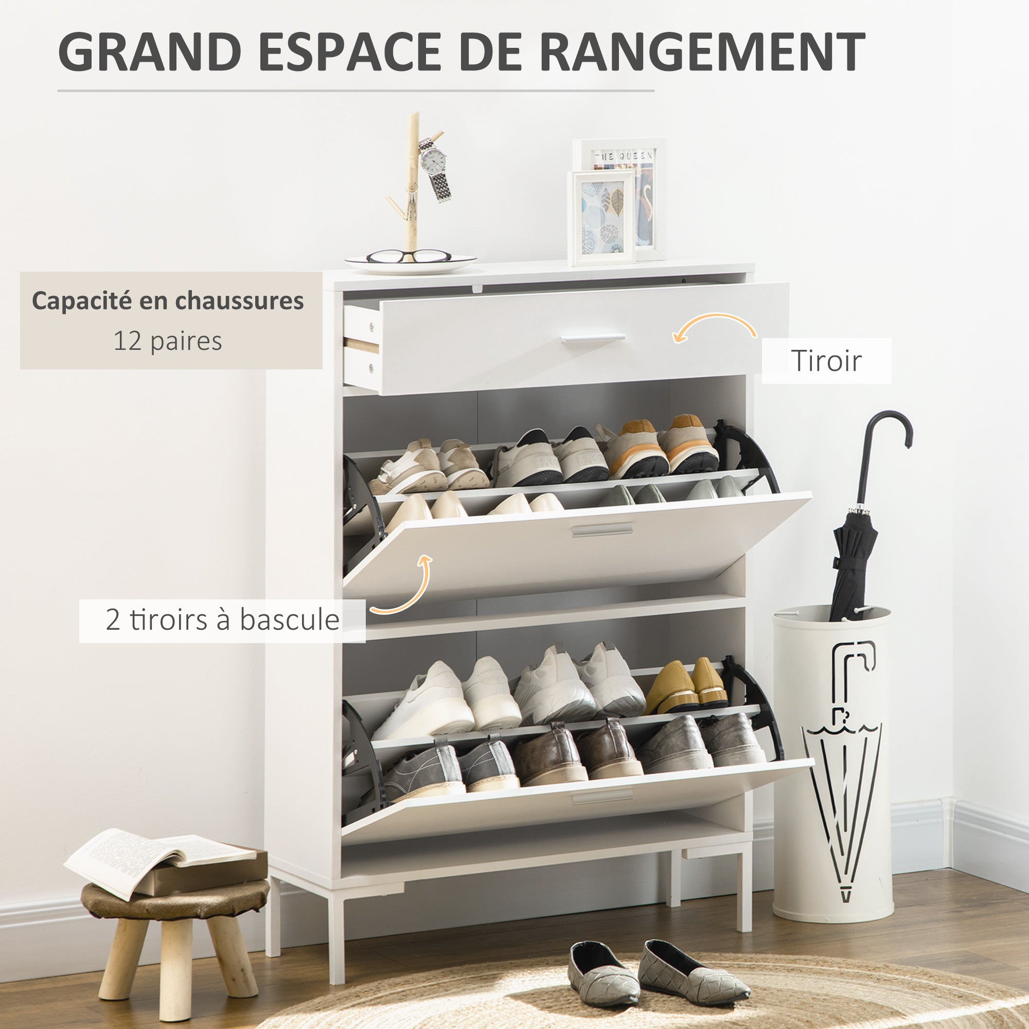 Meuble à chaussures 12 paires, armoire à chaussures étroite avec 2 tiroirs rabattables, 1 tiroir et étagères réglables, style moderne, pour couloir, entrée, 75 x 26 x 110 cm, blanc