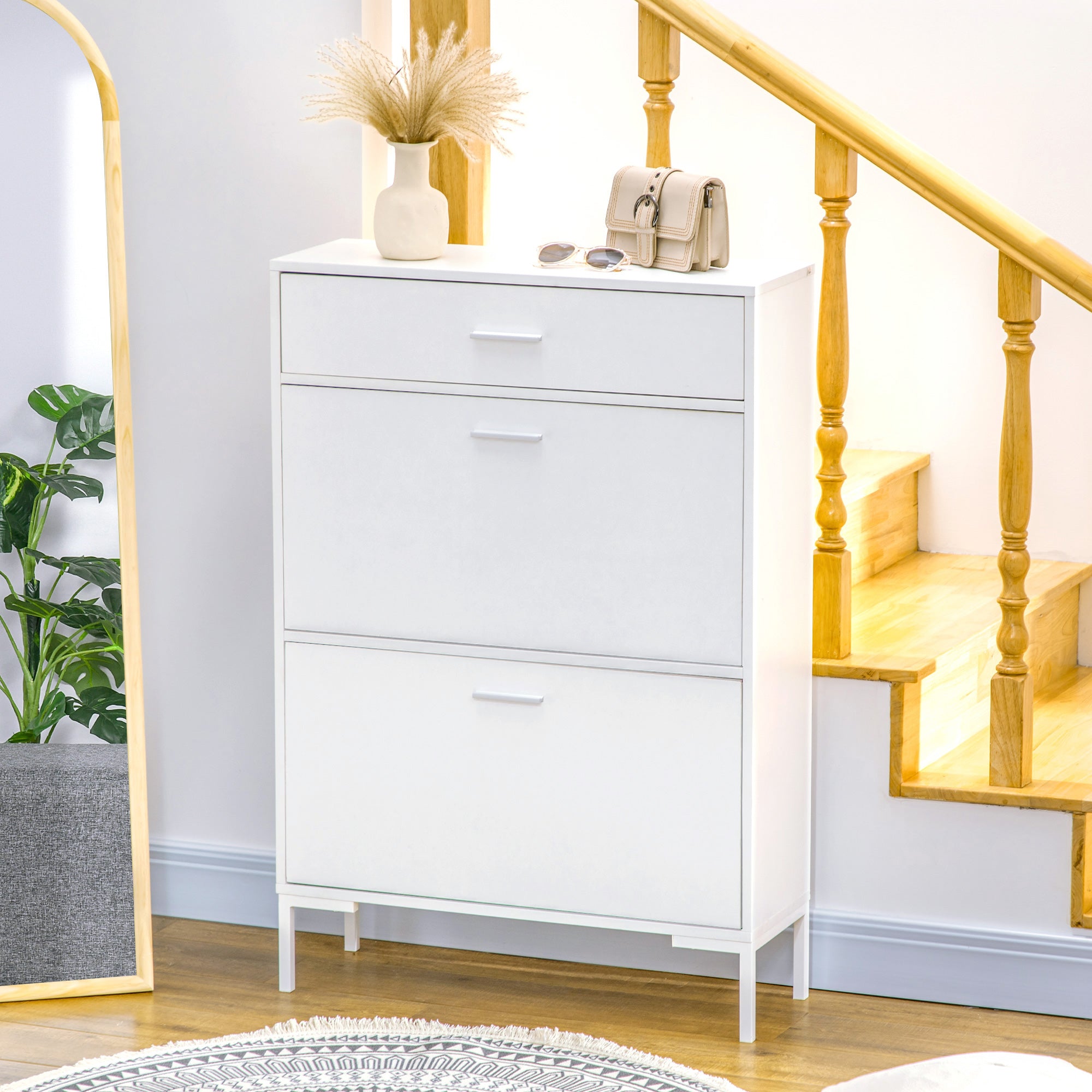 Meuble à chaussures 12 paires, armoire à chaussures étroite avec 2 tiroirs rabattables, 1 tiroir et étagères réglables, style moderne, pour couloir, entrée, 75 x 26 x 110 cm, blanc