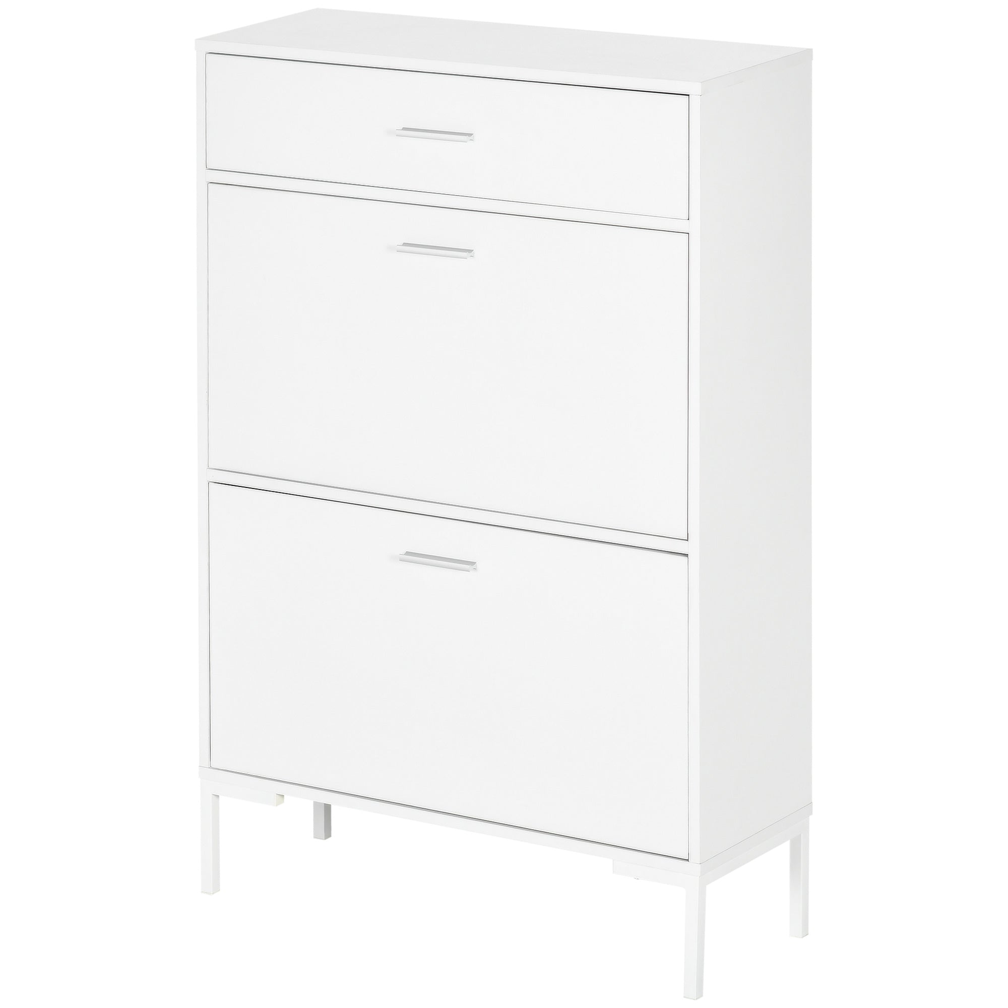 Meuble à chaussures 12 paires, armoire à chaussures étroite avec 2 tiroirs rabattables, 1 tiroir et étagères réglables, style moderne, pour couloir, entrée, 75 x 26 x 110 cm, blanc