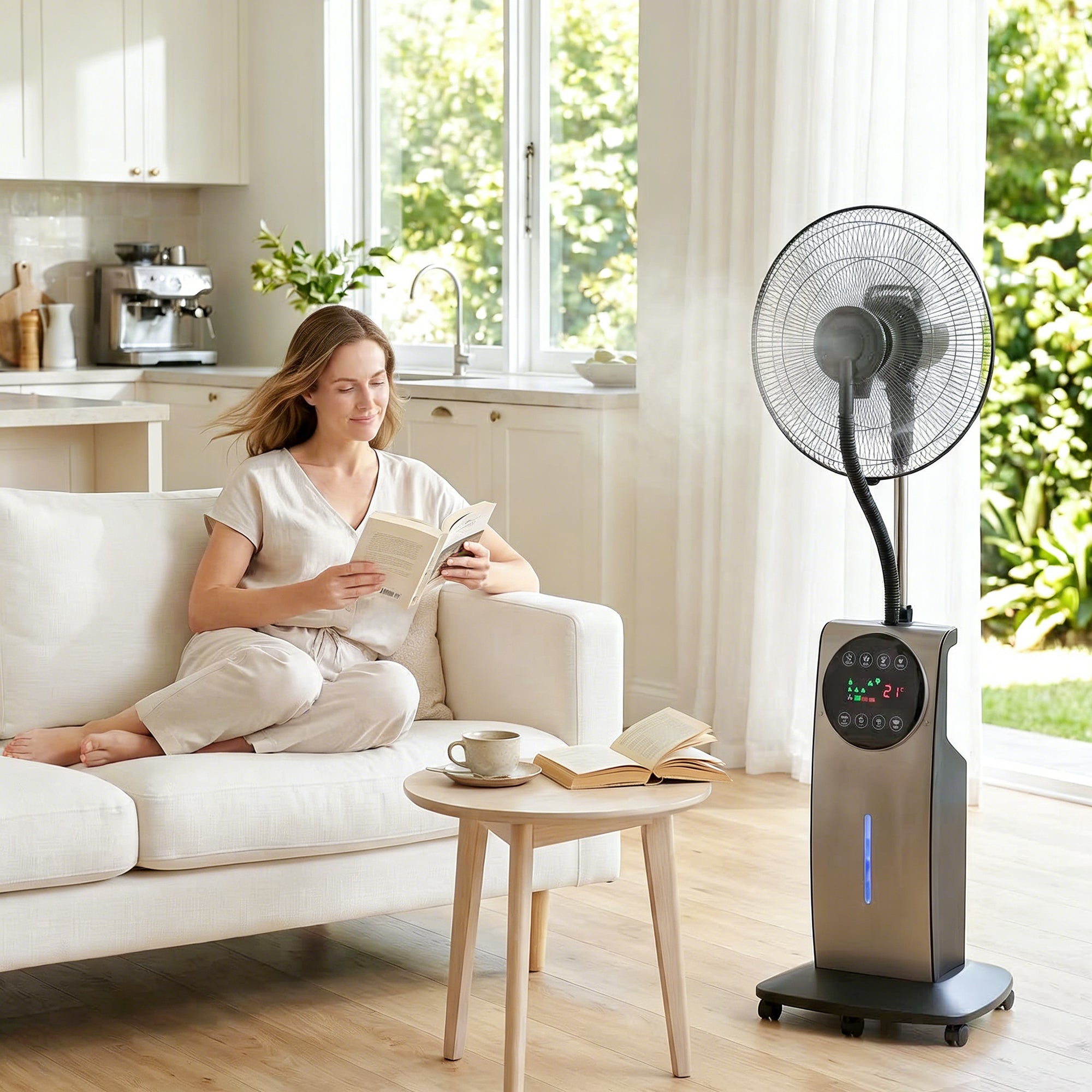 Ventilateur brumisateur silencieux 90W, ventilateur sur pied 138cm, oscillation 70°, 3 vitesses, 3 modes, ionisation négative, antimoustique, réservoir d'eau 3,1L, télécommande et minuterie 12h