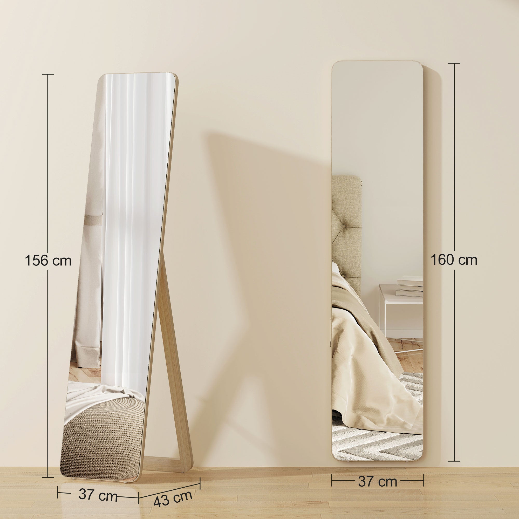 Grand miroir pleine longueur rectangulaire, 37 x 160 cm - miroir sur pied ou mural - pour chambre à coucher, salon et dressing, bois naturel