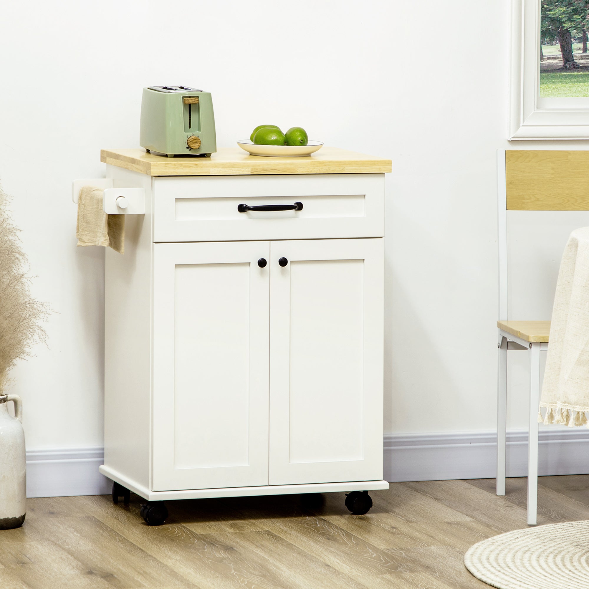 Desserte de cuisine desserte à roulettes chariot de cuisine multi-rangements 1 tiroir 1 placard 1 portes-torchons - blanc et plateau en bois