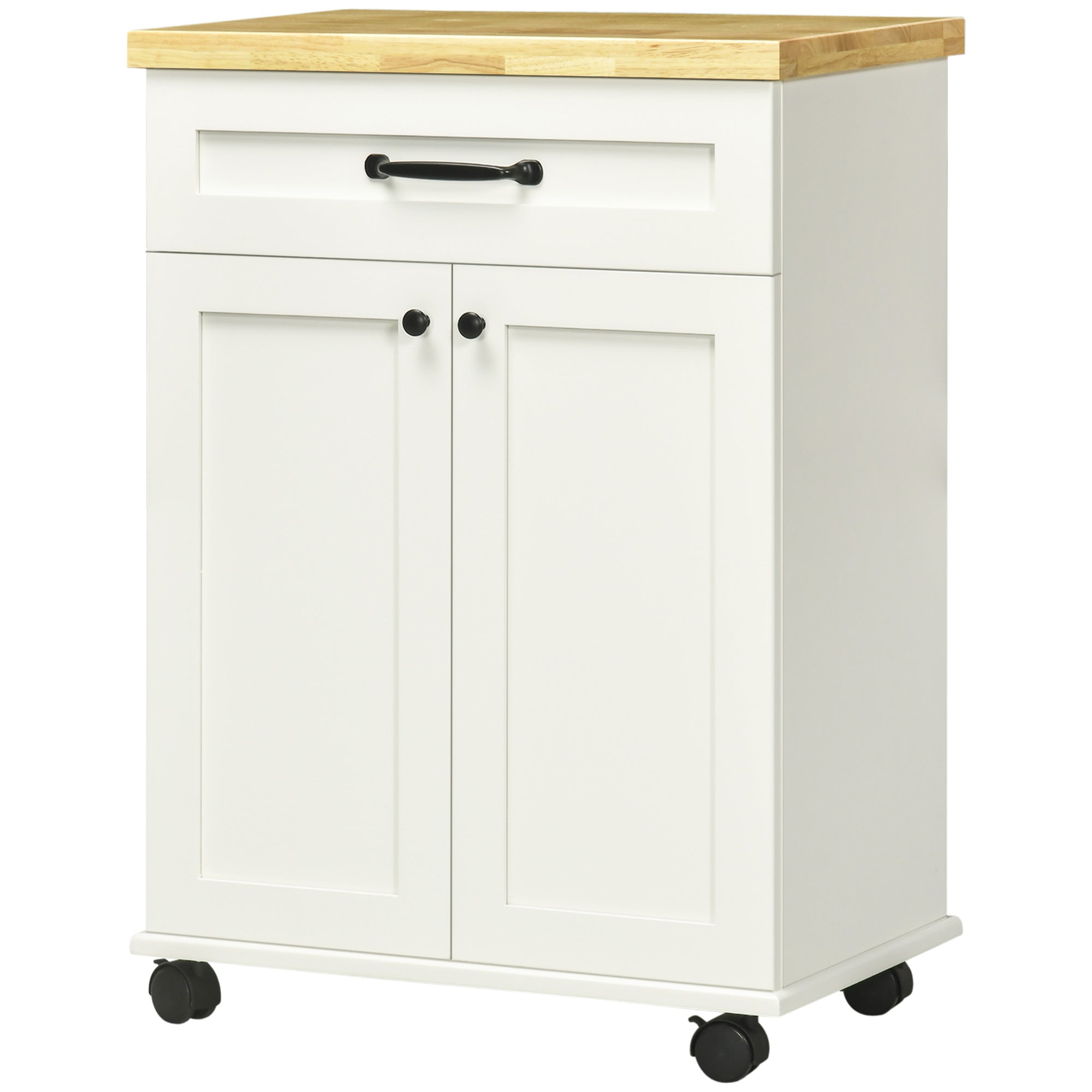 Desserte de cuisine desserte à roulettes chariot de cuisine multi-rangements 1 tiroir 1 placard 1 portes-torchons - blanc et plateau en bois