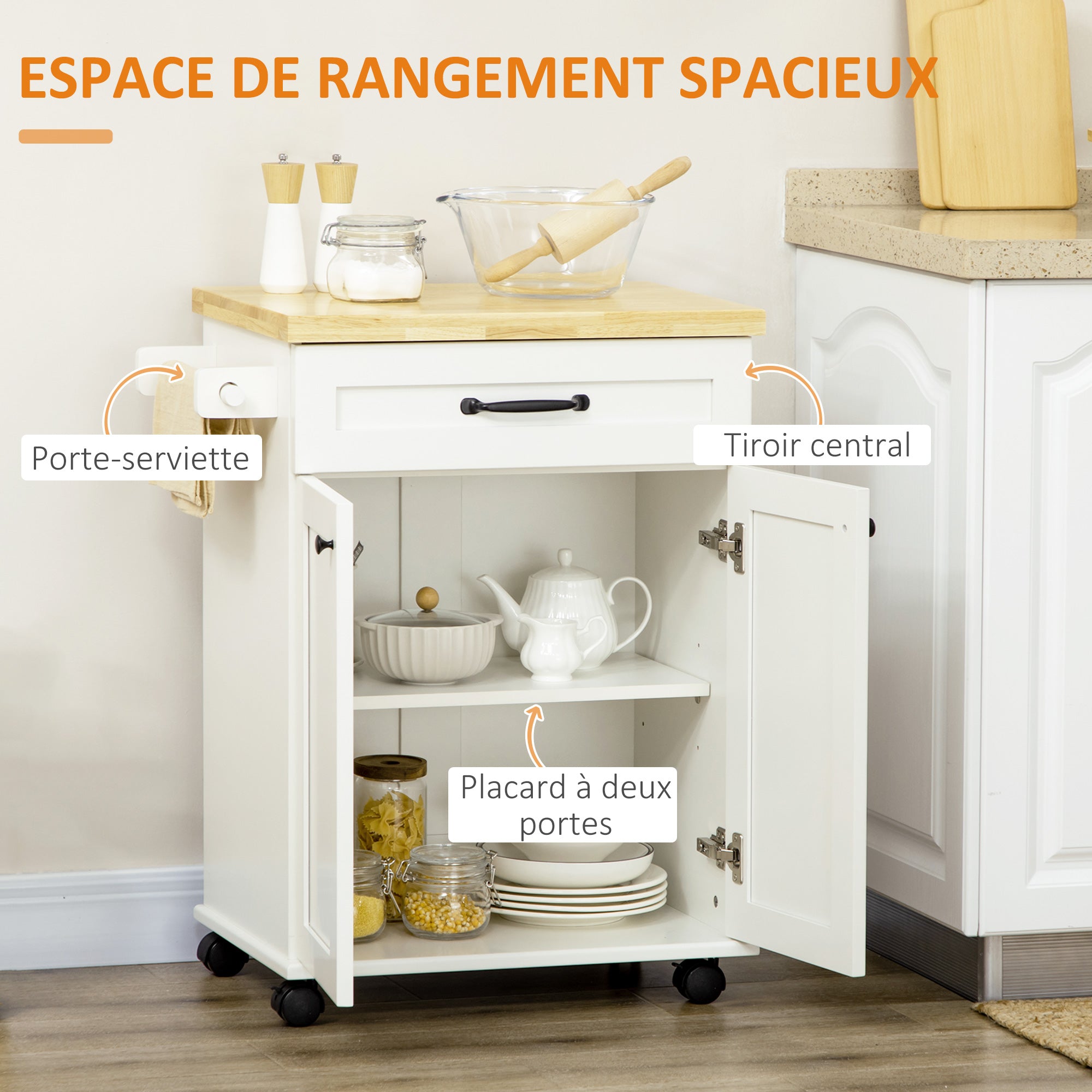 Desserte de cuisine desserte à roulettes chariot de cuisine multi-rangements 1 tiroir 1 placard 1 portes-torchons - blanc et plateau en bois