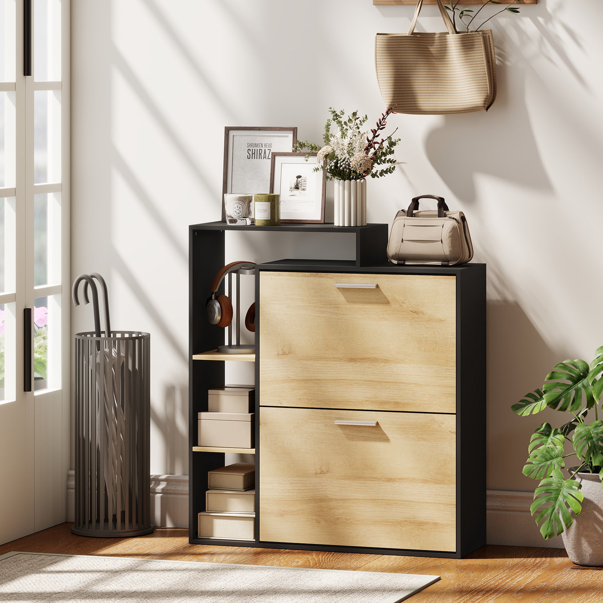 Meuble à chaussures 8 paires, armoire à chaussures étroite avec 2 tiroirs rabattables, 3 compartiments ouverts et étagères réglables, style moderne, pour couloir, entrée, 80x26x90cm, noir