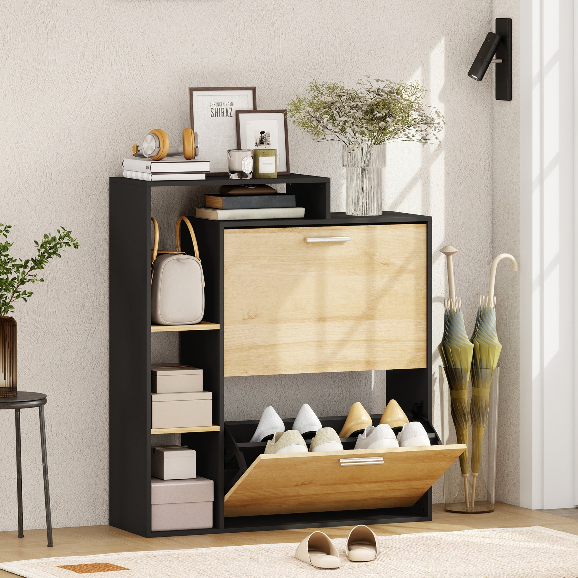 Meuble à chaussures 8 paires, armoire à chaussures étroite avec 2 tiroirs rabattables, 3 compartiments ouverts et étagères réglables, style moderne, pour couloir, entrée, 80x26x90cm, noir