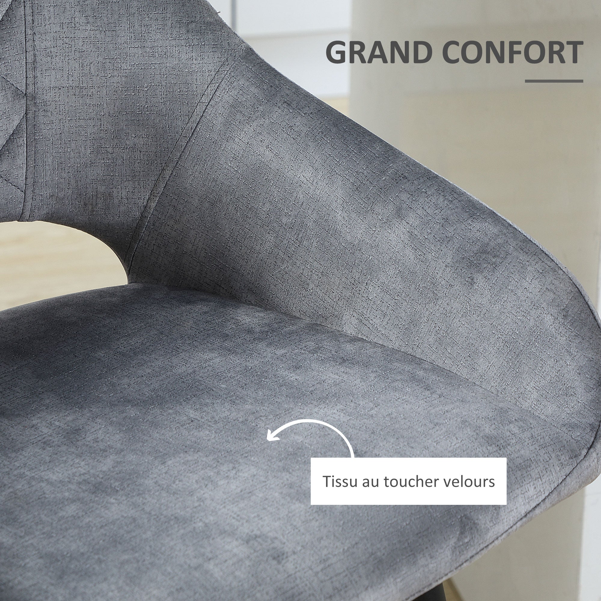 Lot de 2 Tabourets de Bar en Velours Chaises bar Hautes pieds en Métal Noir avec Repose-Pieds, accoudoirs Hauteur 67 cm - Gris