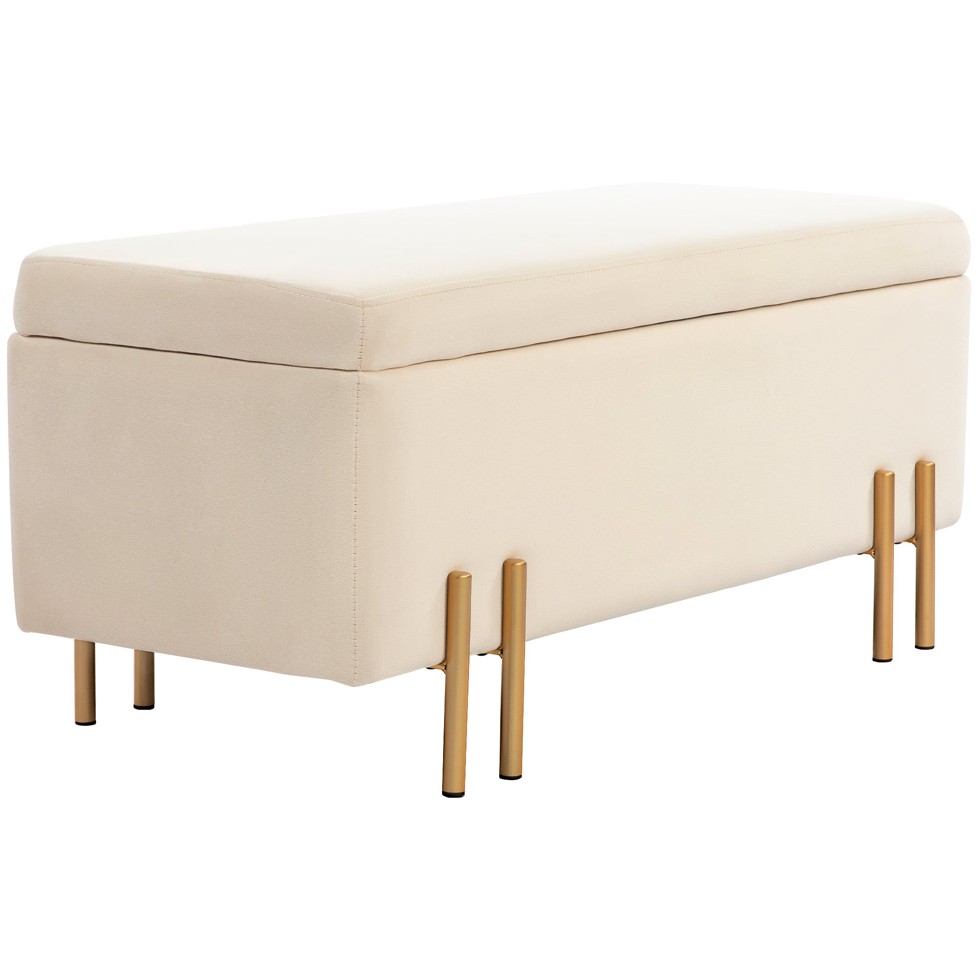 Banc de rangement coffre de rangement design contemporain- banc avec espace de stockage - dim. 100L x 40l x 42H cm - velours beige piètement métal doré