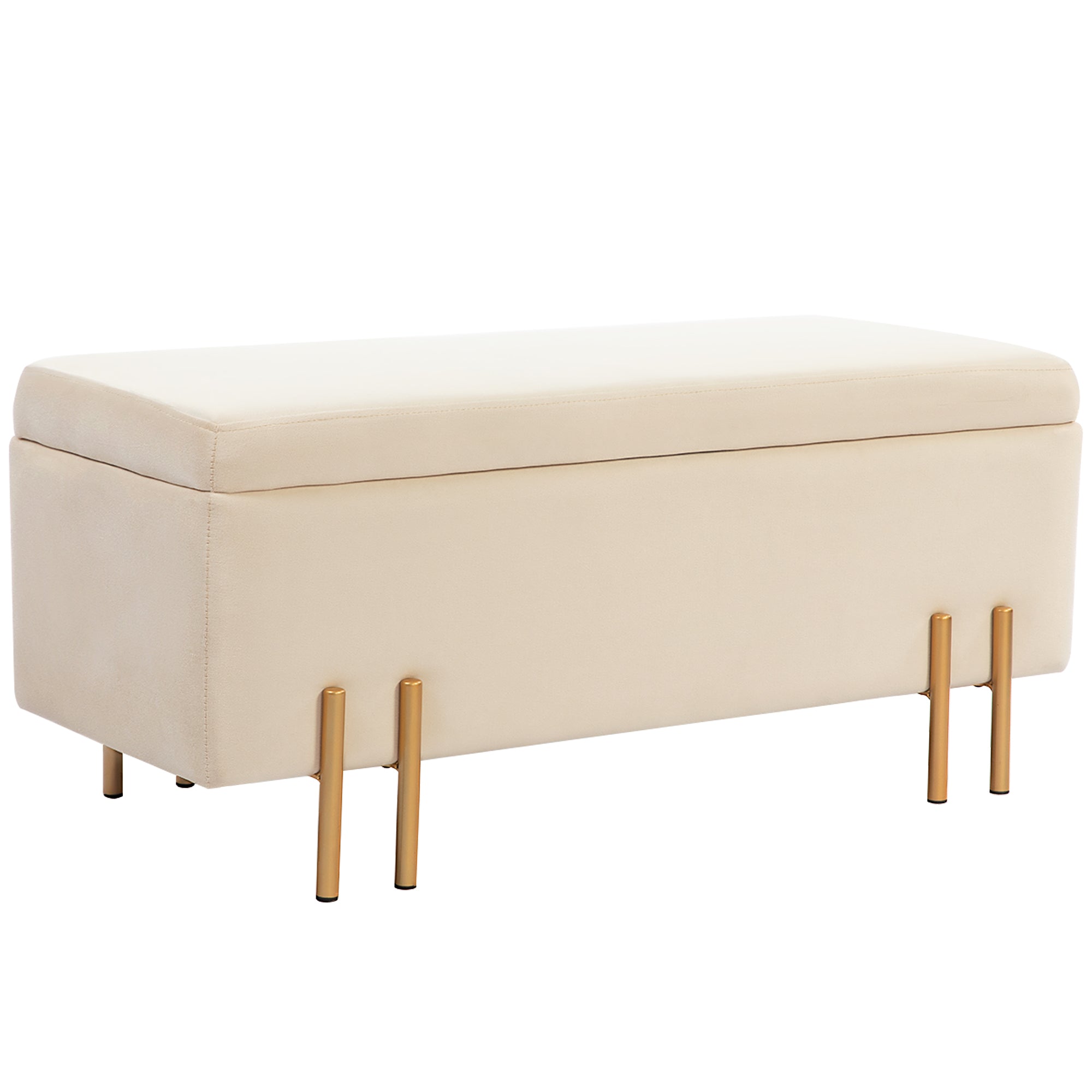 Banc de rangement coffre de rangement design contemporain- banc avec espace de stockage - dim. 100L x 40l x 42H cm - velours beige piètement métal doré