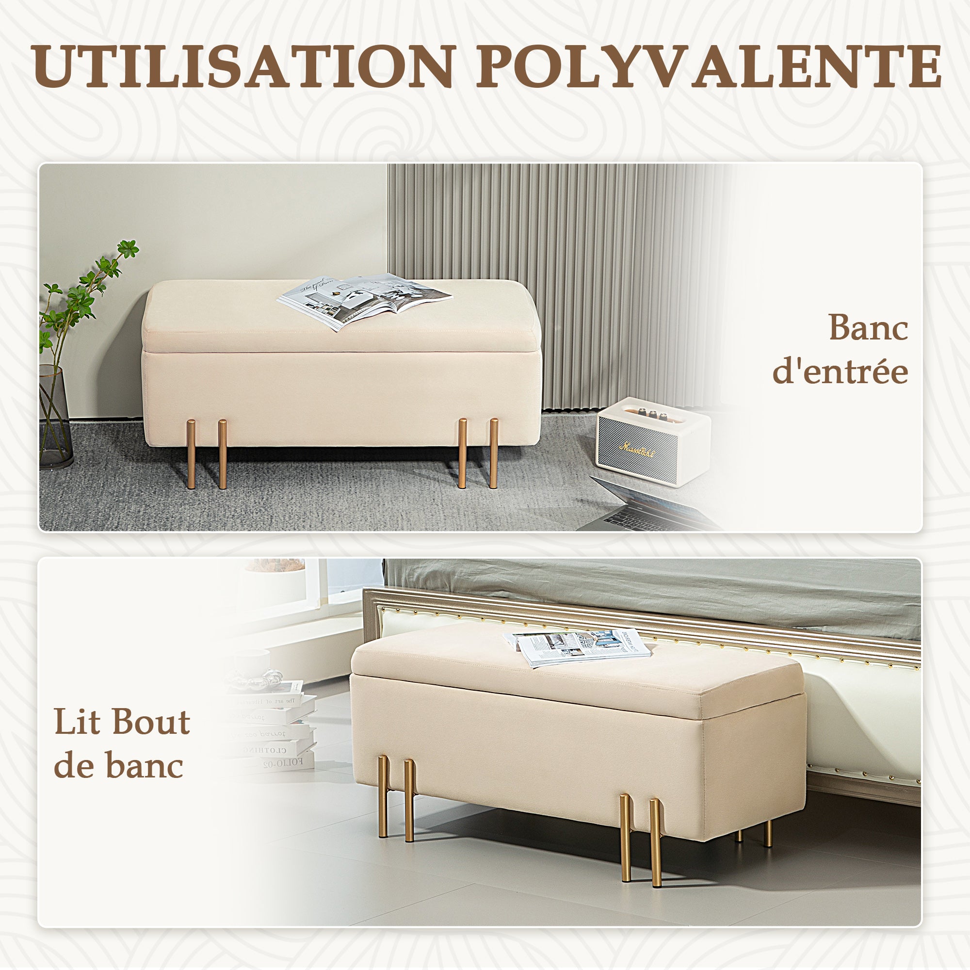 Banc de rangement coffre de rangement design contemporain- banc avec espace de stockage - dim. 100L x 40l x 42H cm - velours beige piètement métal doré