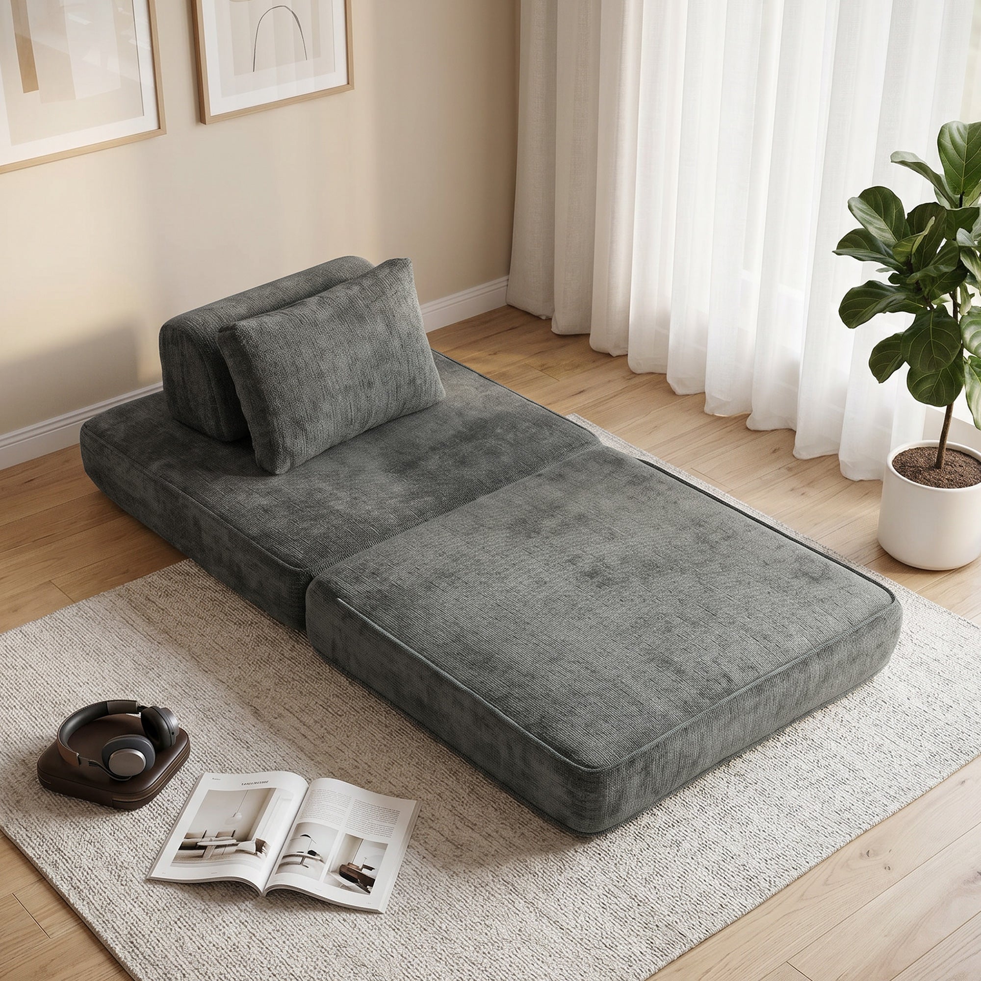 Canapé-Lit Pliant 2 en 1 Chauffeuse 1 Place Convertible en Chenille Matelas Pliable Coussin Épais Dossier et Oreiller Entièrement Compressé Aucun Assemblage Requis pour Salon Chambre Gris