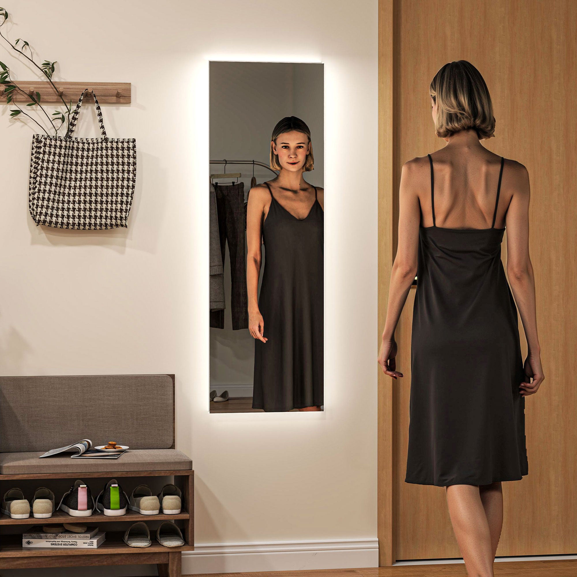 Grand miroir mural 120 x 40 cm avec éclairage LED miroir rectangulaire sans carde, anti-déflagrante, intensité variable et 3 couleurs d'éclairage, pour salon et chambre à coucher, transparent