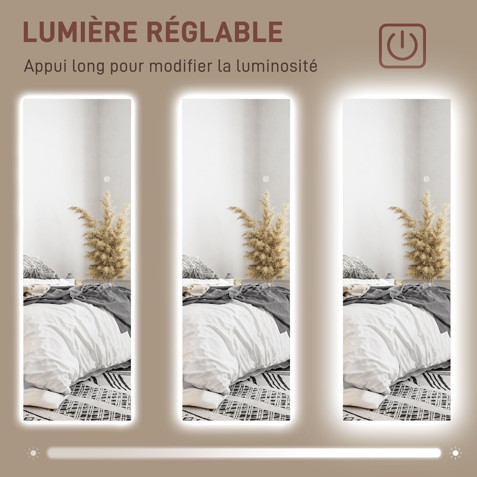Grand miroir mural 120 x 40 cm avec éclairage LED miroir rectangulaire sans carde, anti-déflagrante, intensité variable et 3 couleurs d'éclairage, pour salon et chambre à coucher, transparent