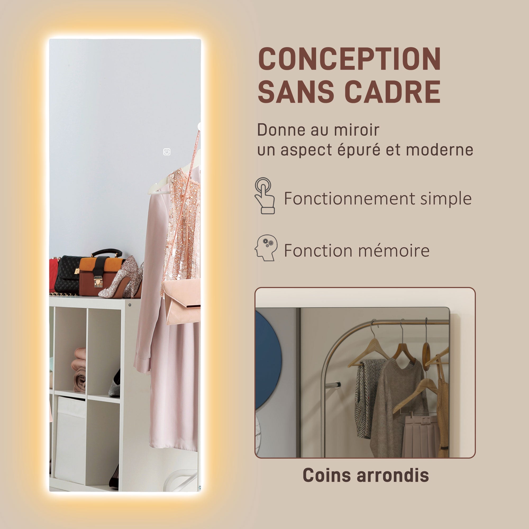 Grand miroir mural 120 x 40 cm avec éclairage LED miroir rectangulaire sans carde, anti-déflagrante, intensité variable et 3 couleurs d'éclairage, pour salon et chambre à coucher, transparent