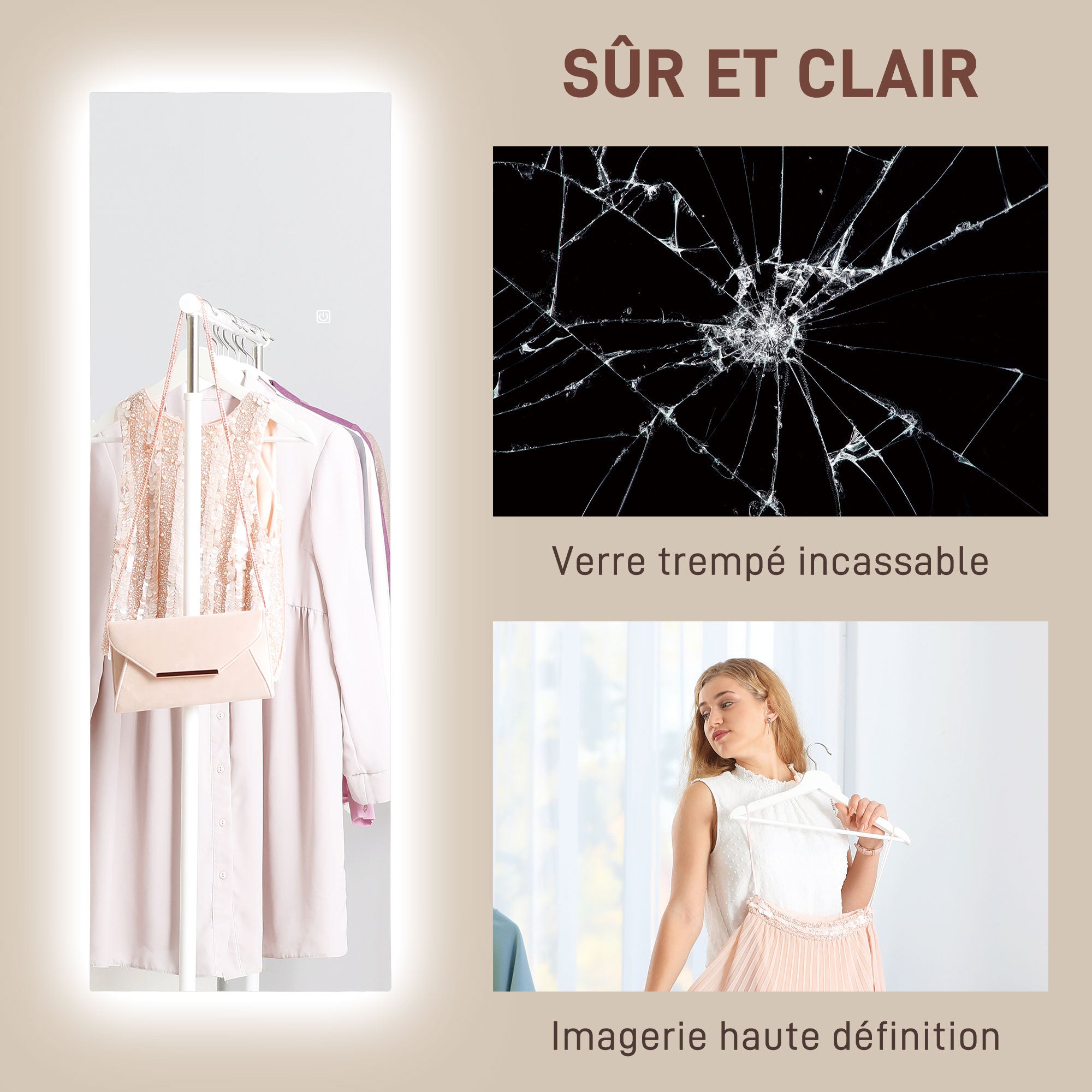 Grand miroir mural 120 x 40 cm avec éclairage LED miroir rectangulaire sans carde, anti-déflagrante, intensité variable et 3 couleurs d'éclairage, pour salon et chambre à coucher, transparent