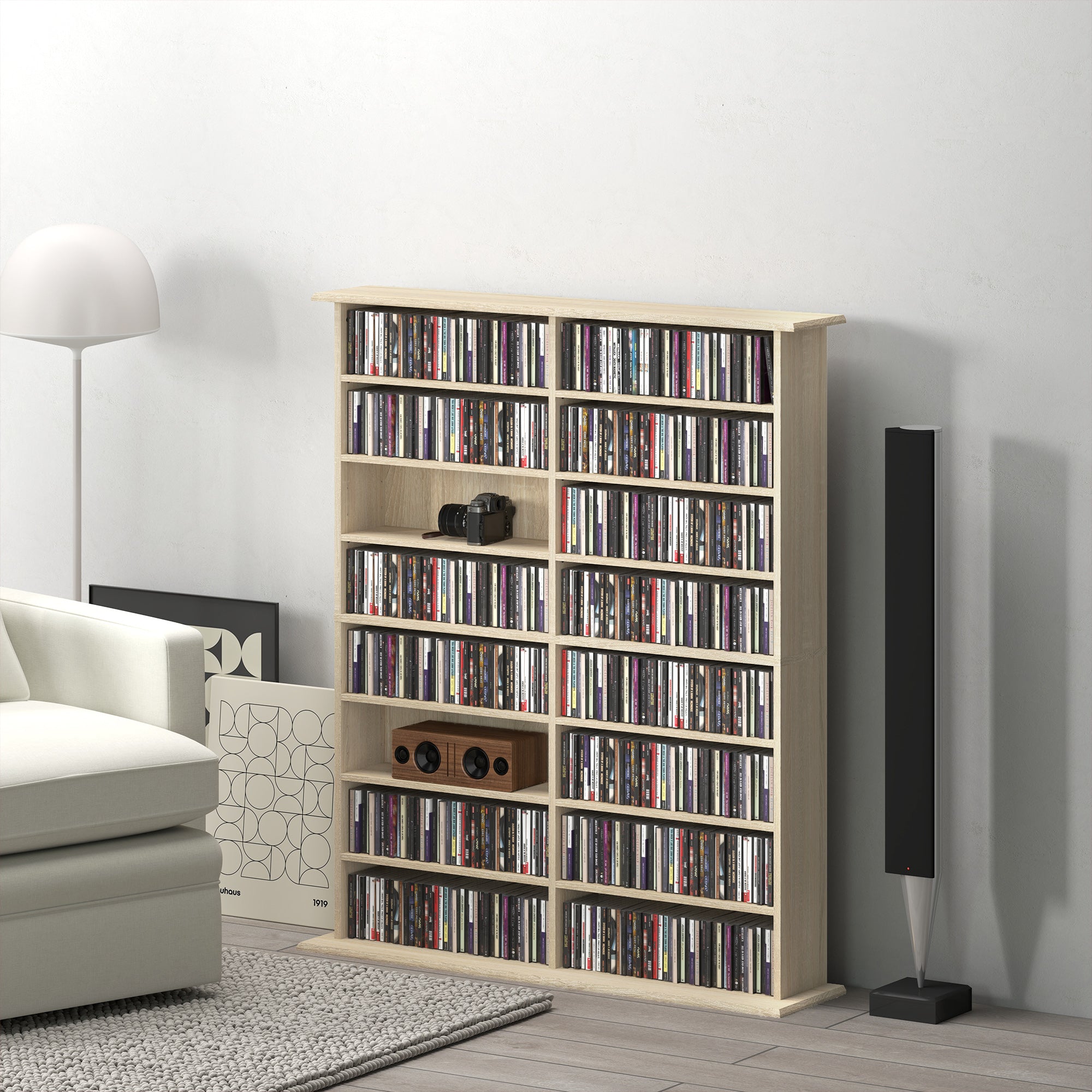 Rangements pour CD et DVD, meuble de rangement multimédia avec 16 compartiments et 12 étagères réglables, capacité max. 720 CD/396 DVD et Blu-ray, 106,5 x 24 x 126,3 cm, bois naturel