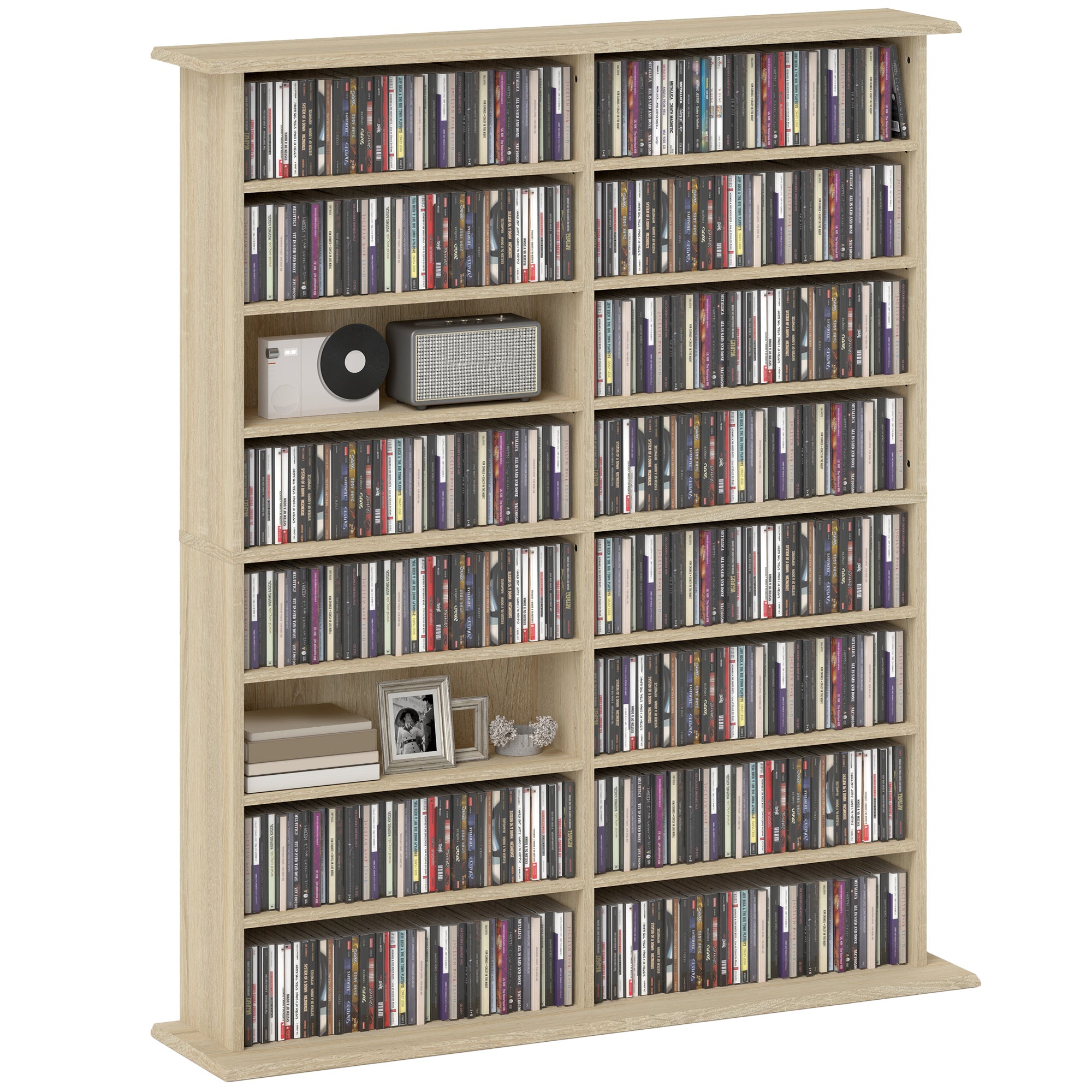 Rangements pour CD et DVD, meuble de rangement multimédia avec 16 compartiments et 12 étagères réglables, capacité max. 720 CD/396 DVD et Blu-ray, 106,5 x 24 x 126,3 cm, bois naturel