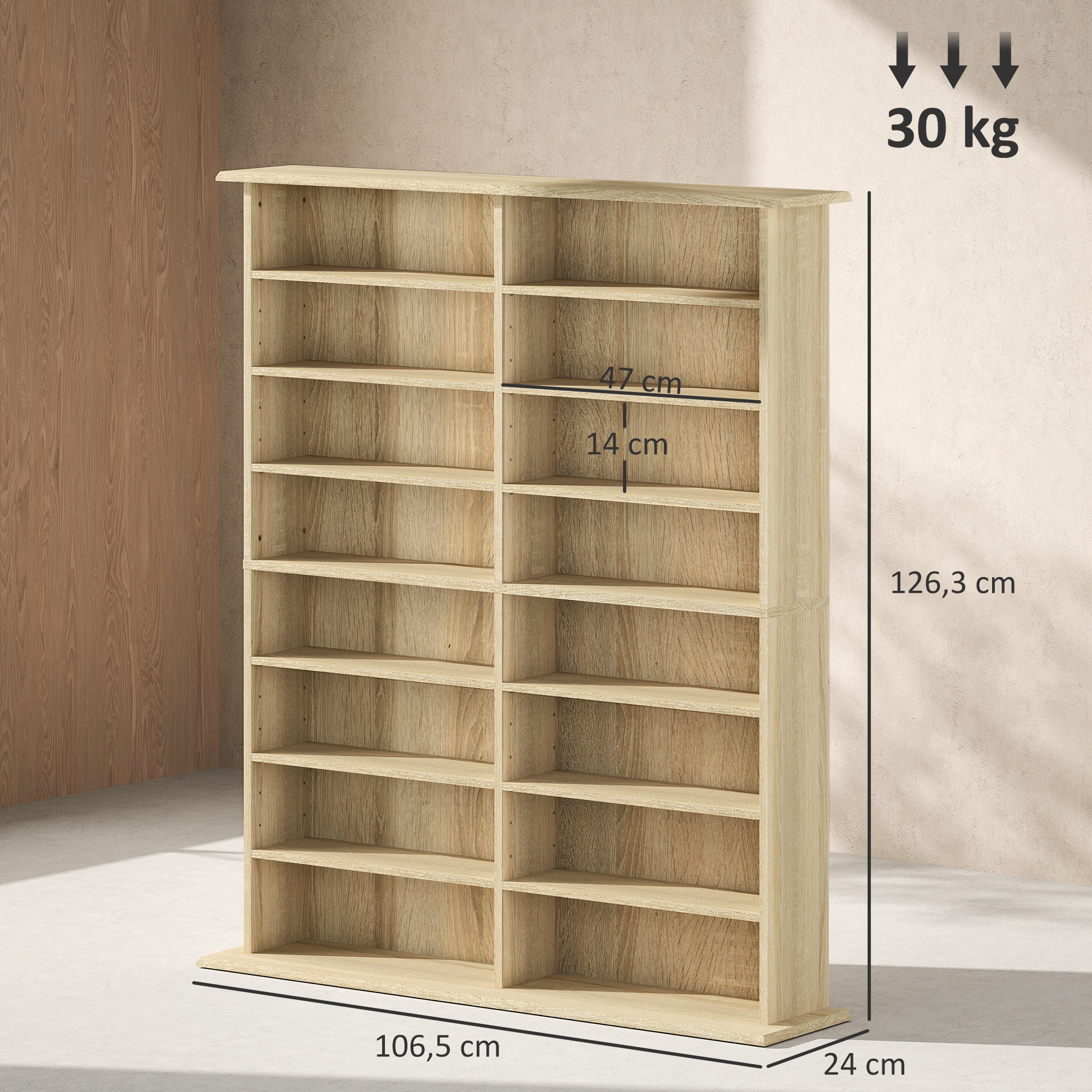 Rangements pour CD et DVD, meuble de rangement multimédia avec 16 compartiments et 12 étagères réglables, capacité max. 720 CD/396 DVD et Blu-ray, 106,5 x 24 x 126,3 cm, bois naturel