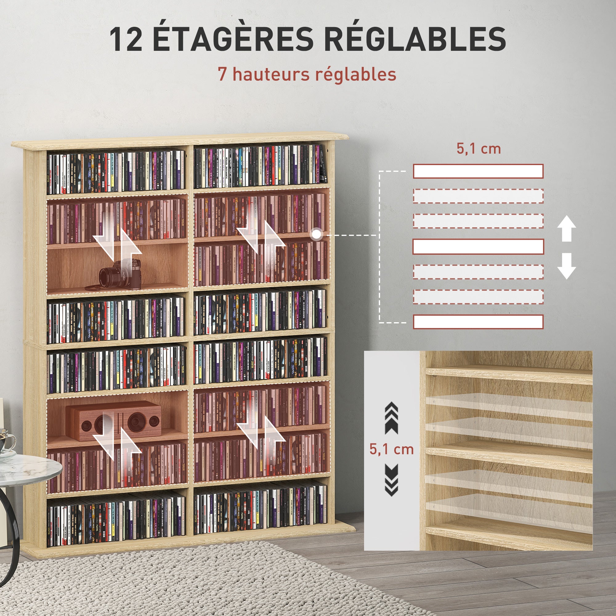 Rangements pour CD et DVD, meuble de rangement multimédia avec 16 compartiments et 12 étagères réglables, capacité max. 720 CD/396 DVD et Blu-ray, 106,5 x 24 x 126,3 cm, bois naturel