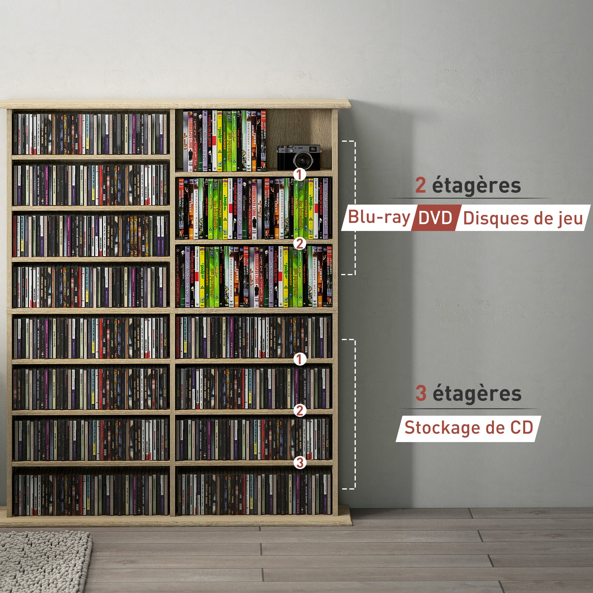 Rangements pour CD et DVD, meuble de rangement multimédia avec 16 compartiments et 12 étagères réglables, capacité max. 720 CD/396 DVD et Blu-ray, 106,5 x 24 x 126,3 cm, bois naturel