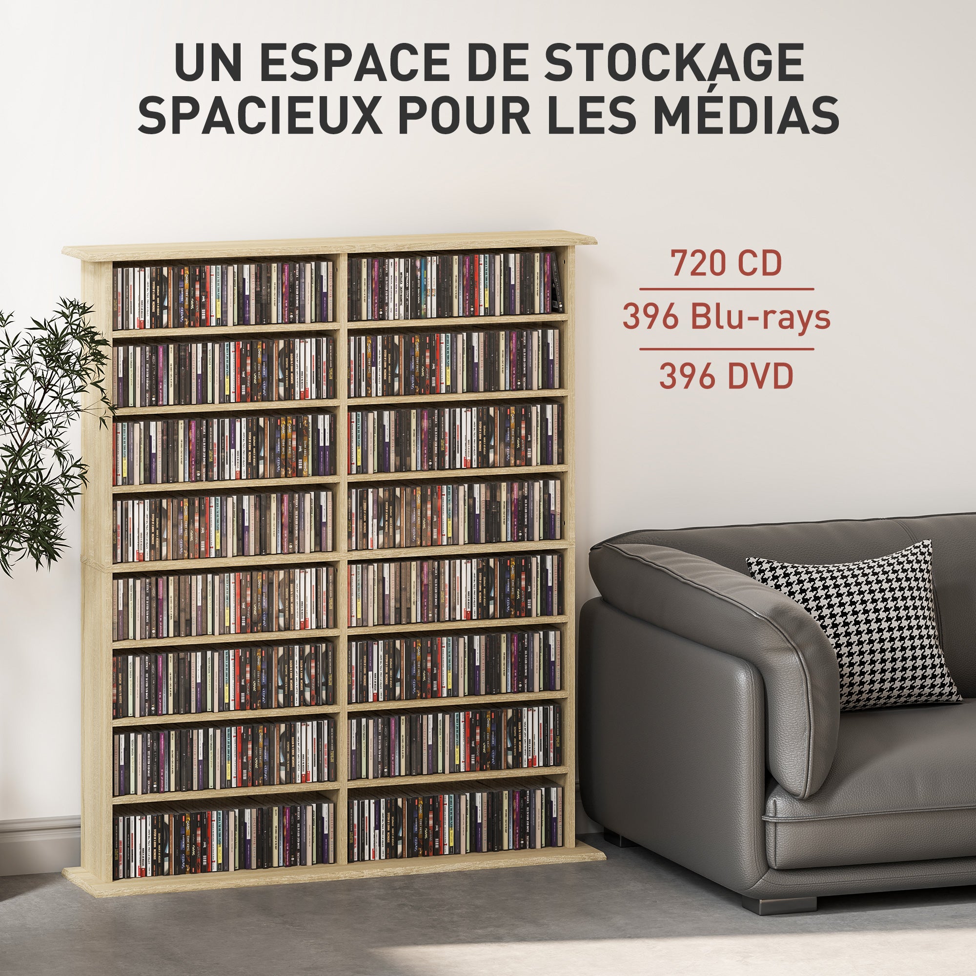Rangements pour CD et DVD, meuble de rangement multimédia avec 16 compartiments et 12 étagères réglables, capacité max. 720 CD/396 DVD et Blu-ray, 106,5 x 24 x 126,3 cm, bois naturel