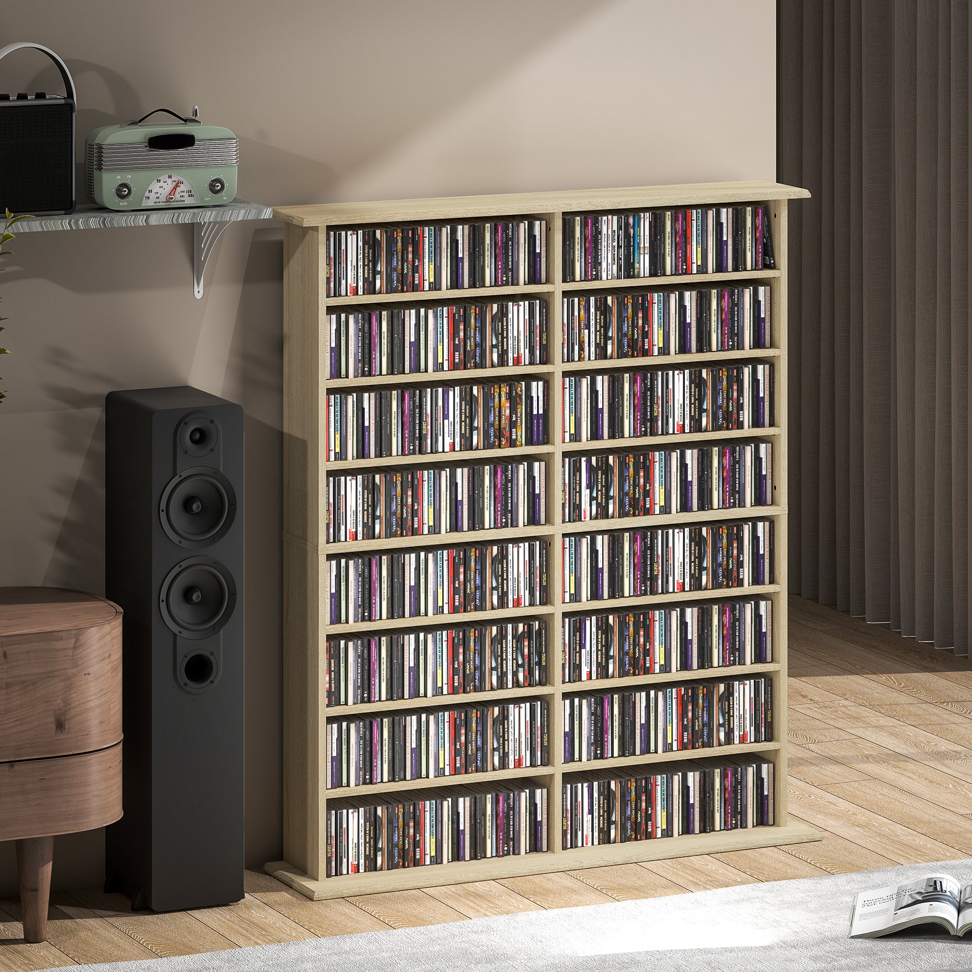 Rangements pour CD et DVD, meuble de rangement multimédia avec 16 compartiments et 12 étagères réglables, capacité max. 720 CD/396 DVD et Blu-ray, 106,5 x 24 x 126,3 cm, bois naturel