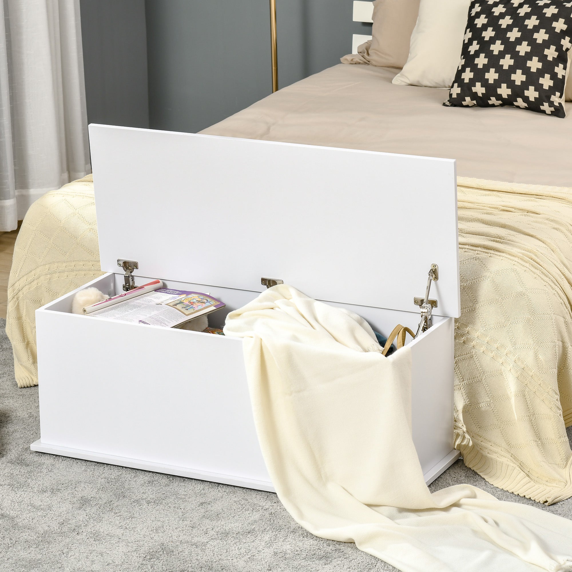 Coffre de rangement, banc de rangement avec couvercle rabattable et charnières de sécurité, banc chaussures, meuble d'entrée, couloir, chambre, salon, 100 x 40 x 40 cm, blanc