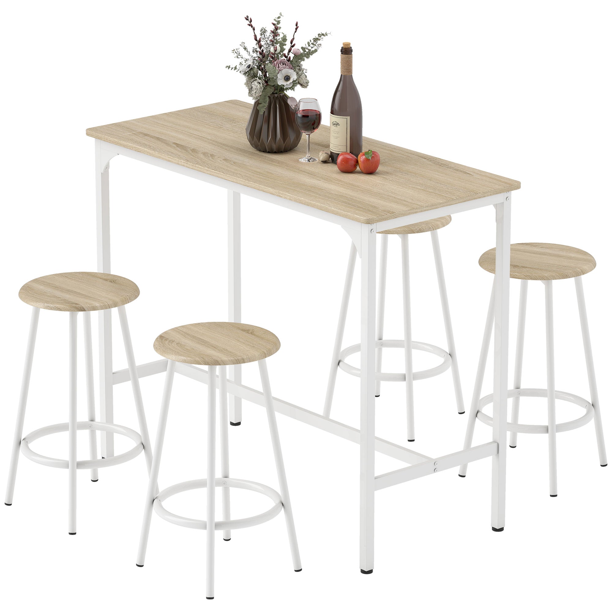 Ensemble table de bar bistrot avec 4 tabourets de bar, ensemble table haute cuisine et tabourets, avec repose-pieds, style moderne, structutre en métal, pour cuisine, salle à manger, naturel