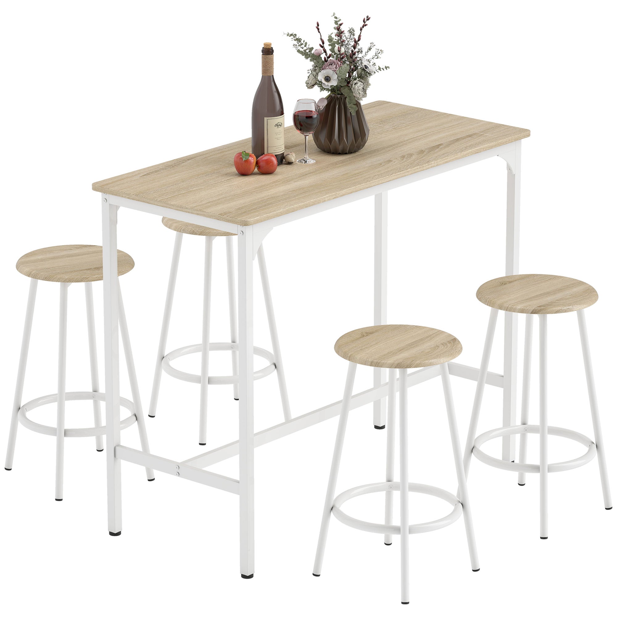 Ensemble table de bar bistrot avec 4 tabourets de bar, ensemble table haute cuisine et tabourets, avec repose-pieds, style moderne, structutre en métal, pour cuisine, salle à manger, naturel