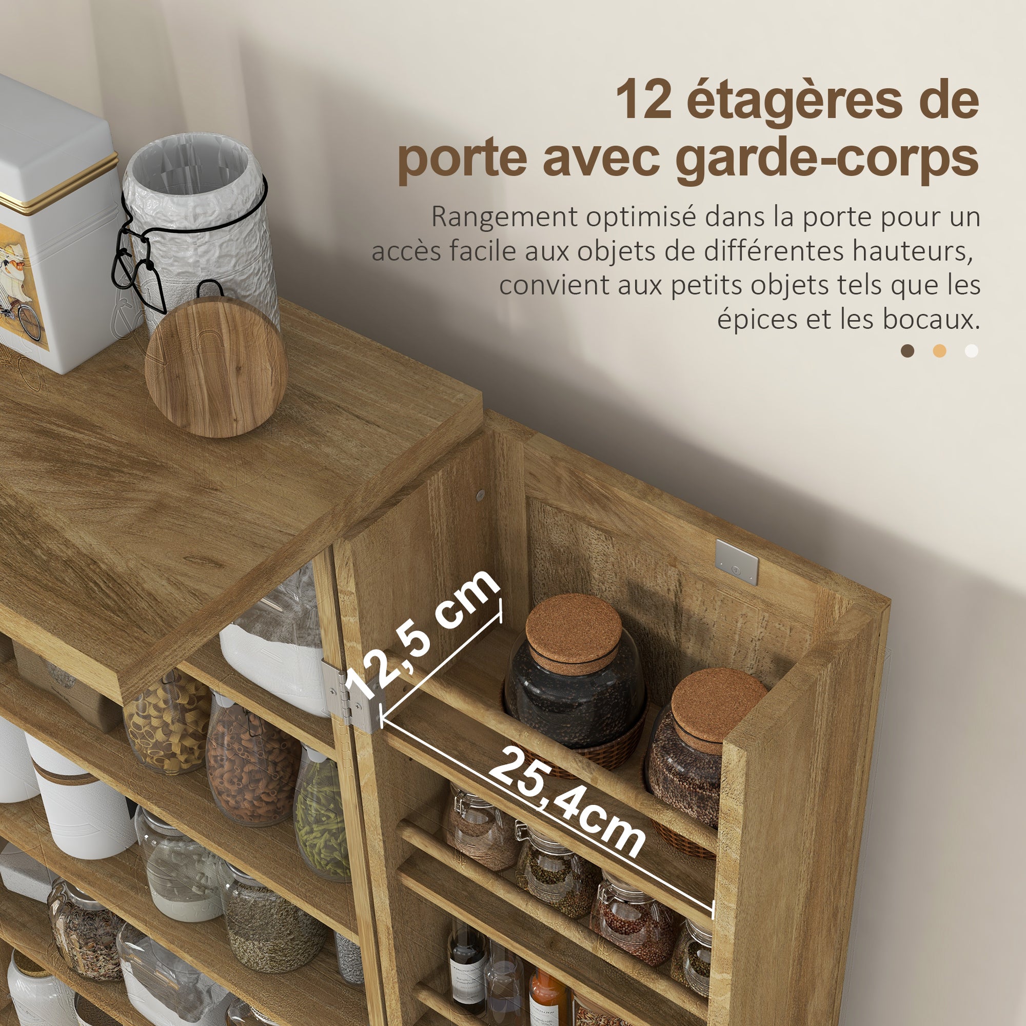 Buffet cuisine, meuble cuisine rangement, vaisselier moderne avec 12 étagères à portes, étagères réglables et double porte en rotin, pour salle à manger, salon, 60x30x104cm, effet bois naturel