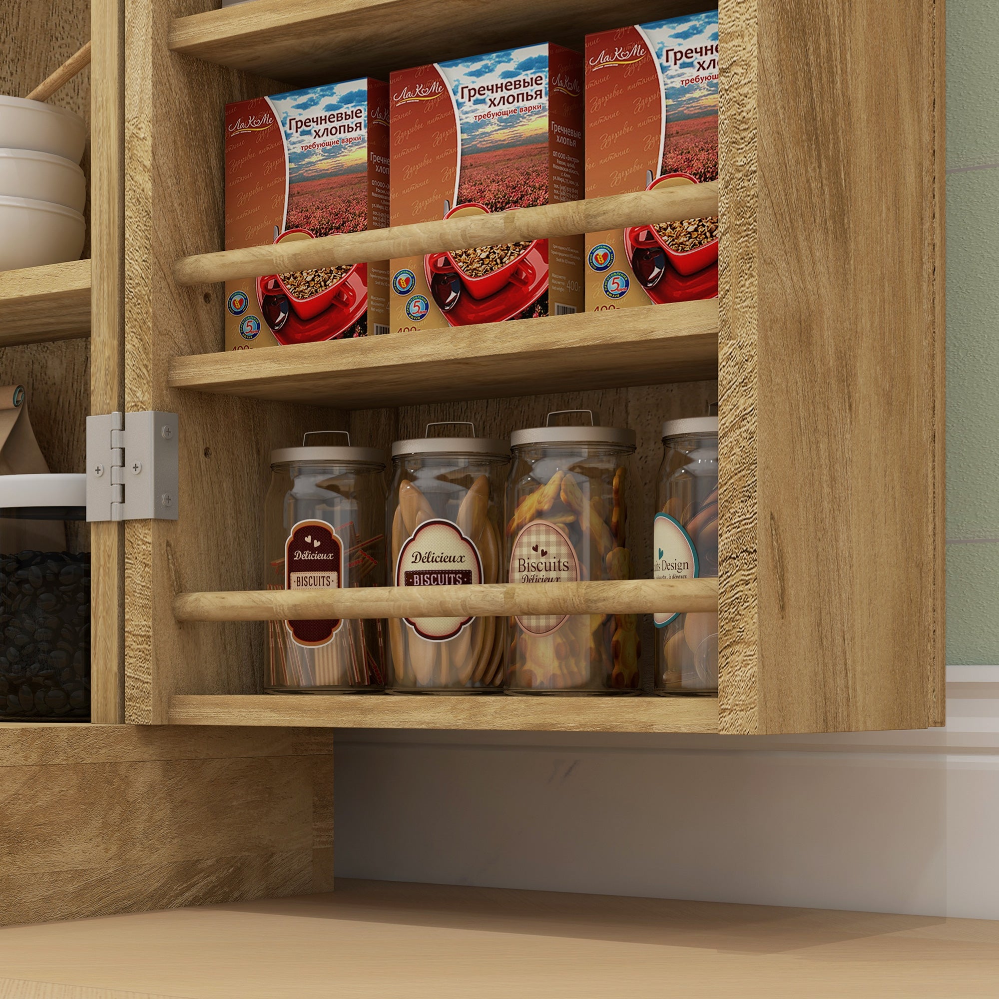 Buffet cuisine, meuble cuisine rangement, vaisselier moderne avec 12 étagères à portes, étagères réglables et double porte en rotin, pour salle à manger, salon, 60x30x104cm, effet bois naturel