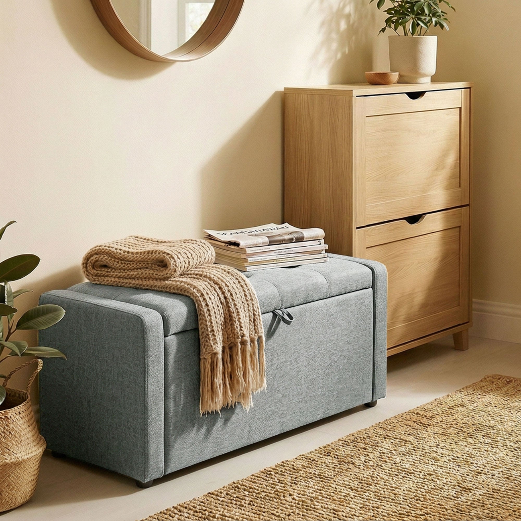Banc de rangement, bout de lit, repose-pieds rembourré en lin avec assise large et confortable, coffre de rangement pour salon, chambre, entrée, 122 x 48 x 44 cm, gris clair