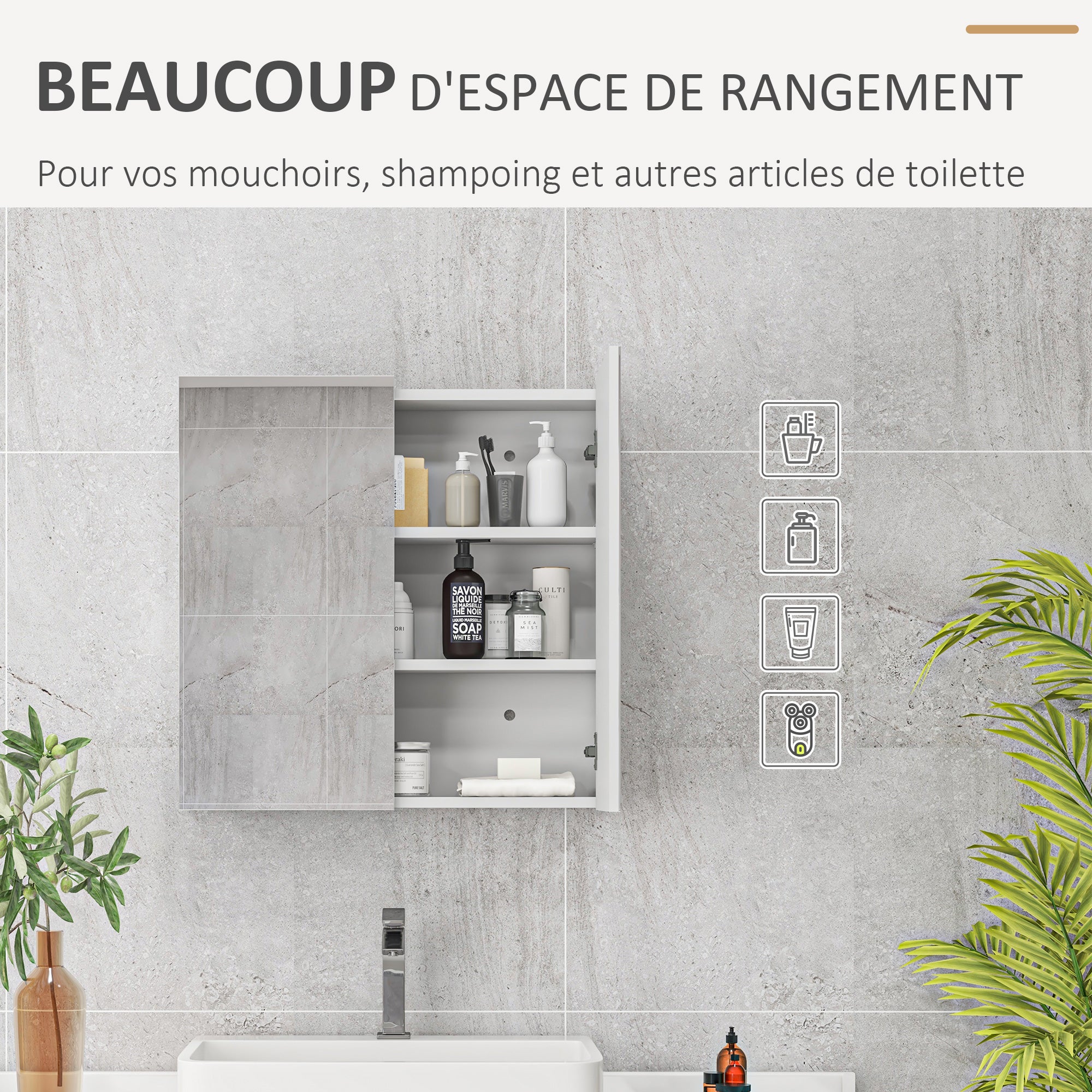 Armoire murale de salle de bain, placard de rangement, 3 niveaux, étagère réglable, 2 portes et miroirs, armoire suspendue, 60 x 15 x 60 cm, blanc