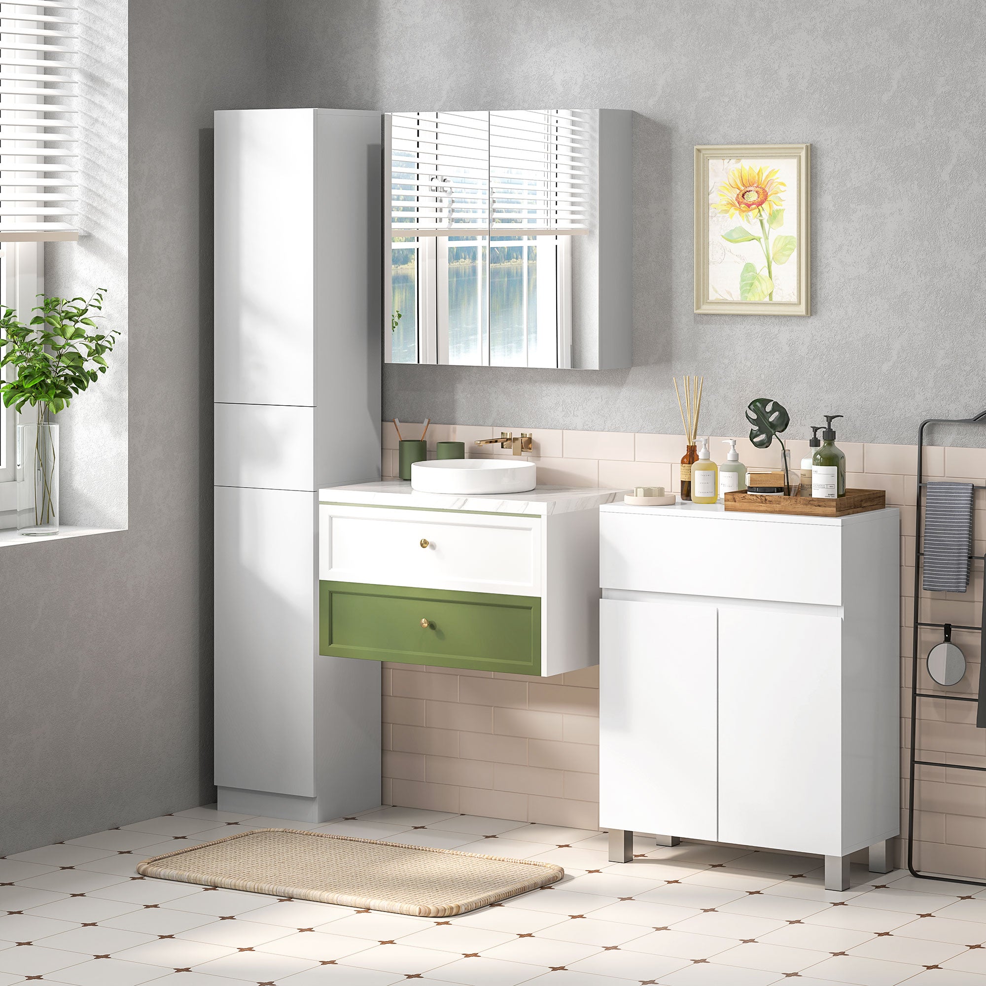 Armoire murale de salle de bain, placard de rangement, 3 niveaux, étagère réglable, 2 portes et miroirs, armoire suspendue, 60 x 15 x 60 cm, blanc