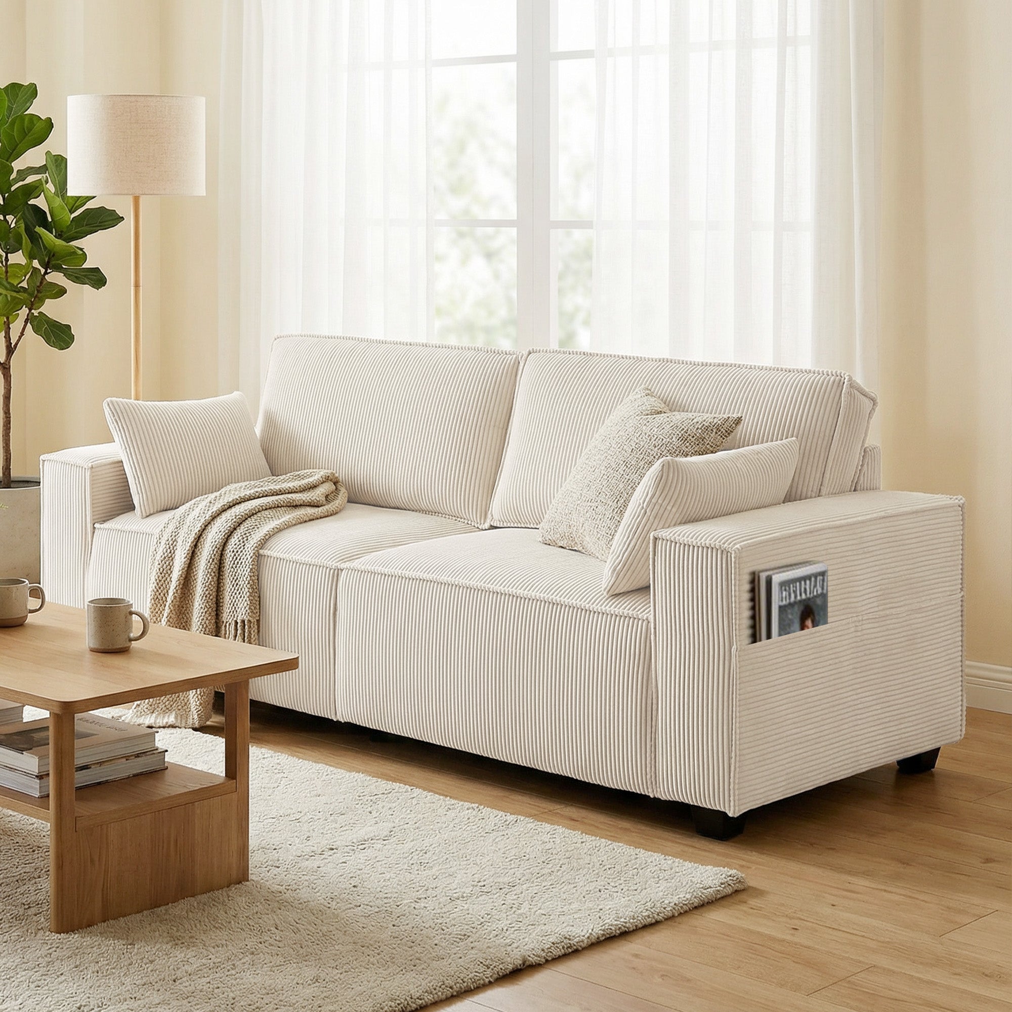 Canapé 3 places en velours côtelé 218 cm, canapé salon moderne, large assise rembourrée, coussins à ressorts, accoudoirs extra-larges, 2 coussins, poche latérale, pour salon, chambre, beige
