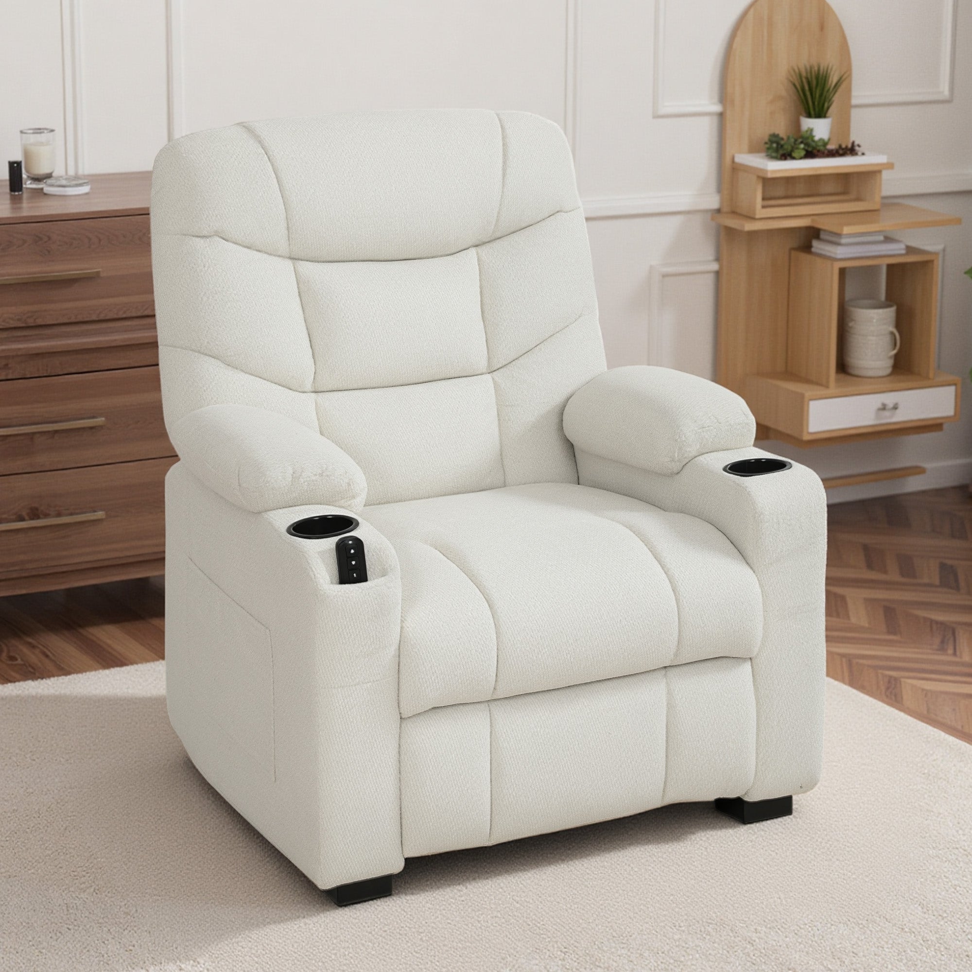 Fauteuil relax électrique, fauteuil inclinable en velours, port USB, assise large, repose-pieds, porte-gobelets, poches latérales, télécommande, moteur silencieux, 2 positions mémoire, crème