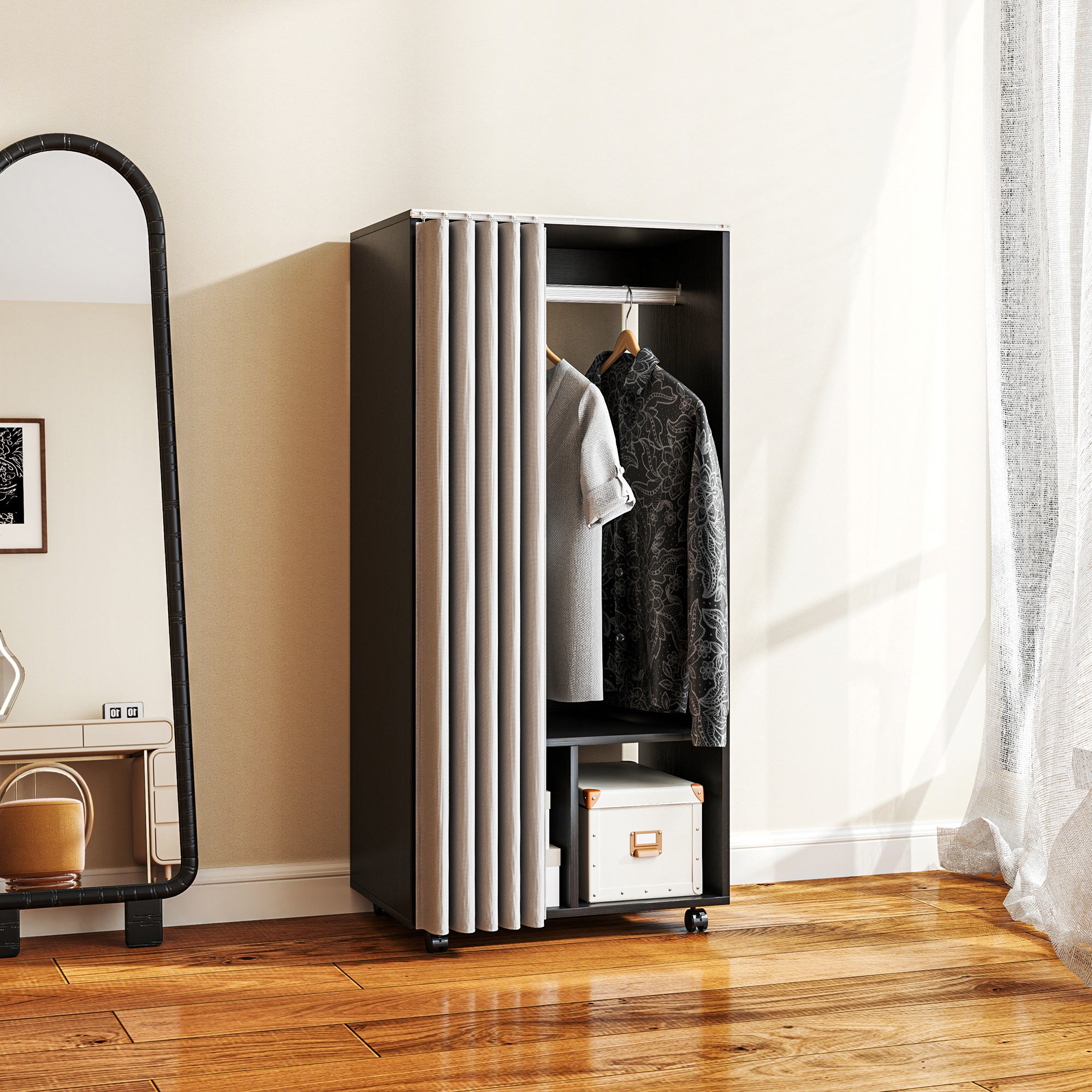 Armoire penderie mobile dressing avec rideau armoire de rangement 4 roulettes avec tringle de suspension et étagères, penderie vêtement roulant pour chambre à coucher, 60 x 40 x 128 cm, noir
